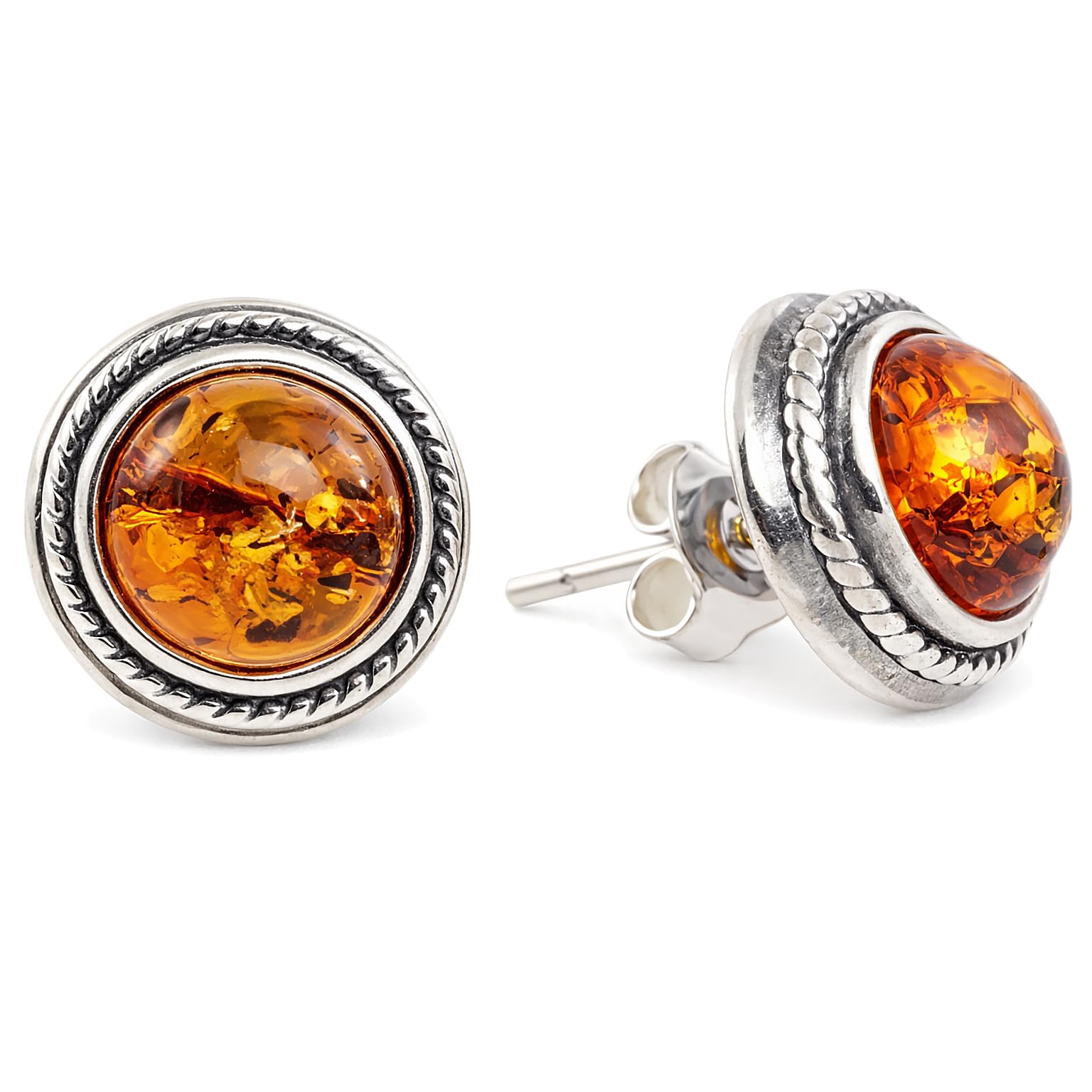 Genuine Baltic Honey Amber Stud Earrings for Women – 925 Sterling Silver Round Cabochon Post Earrings, Natural Amber Jewelry with Certificate