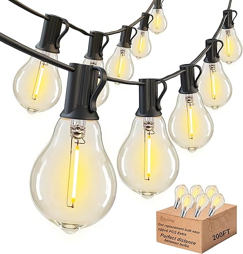 DAMAING Tira de luces LED de 200 pies para exteriores con 100+5 bombillas LED Edison inastillables A39, resistente al agua, de grado comercial, para