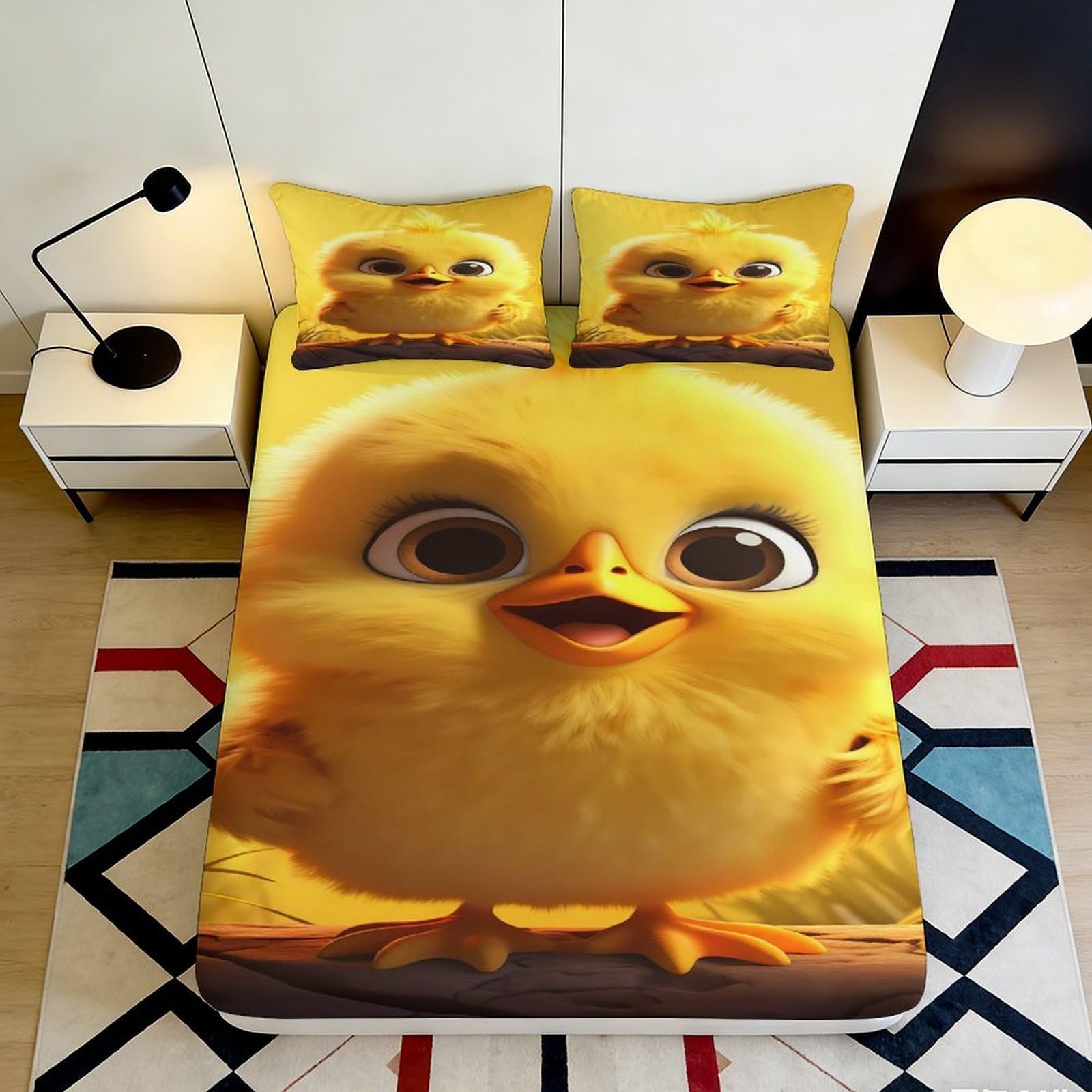 3D Printed Cute Chick Fitted Sheet Microfiber Soft Yellow Animal Cartoon Bed Cover for Bedroom Dorm Mattress Protection Decor 180x200x25cm