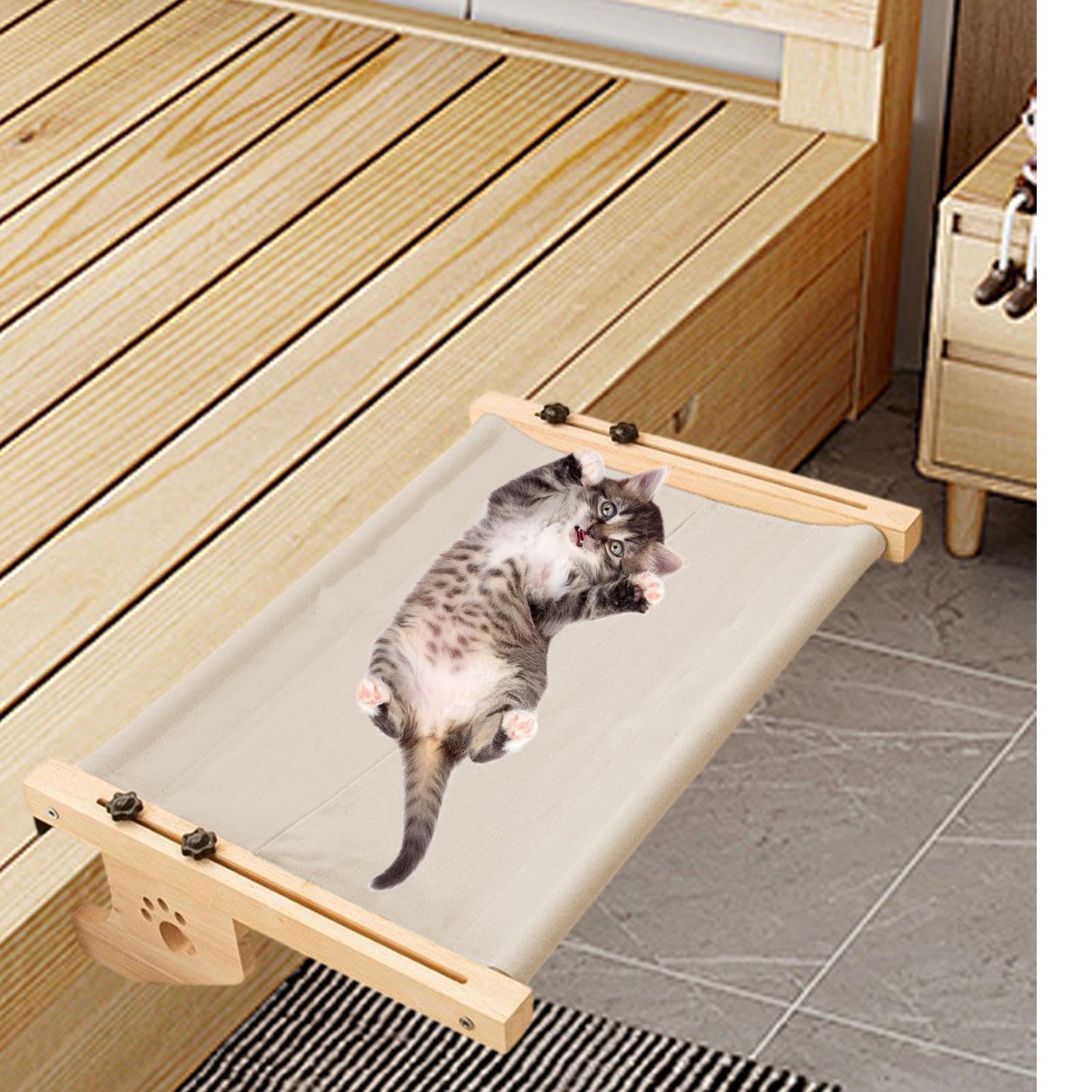 Cama para gatos de barandilla Estructura Resistente Ajustable De Madera Y | Asiento Ventana Gatos Percha Resistente, Asiento Interior, Marco Robusto Para V