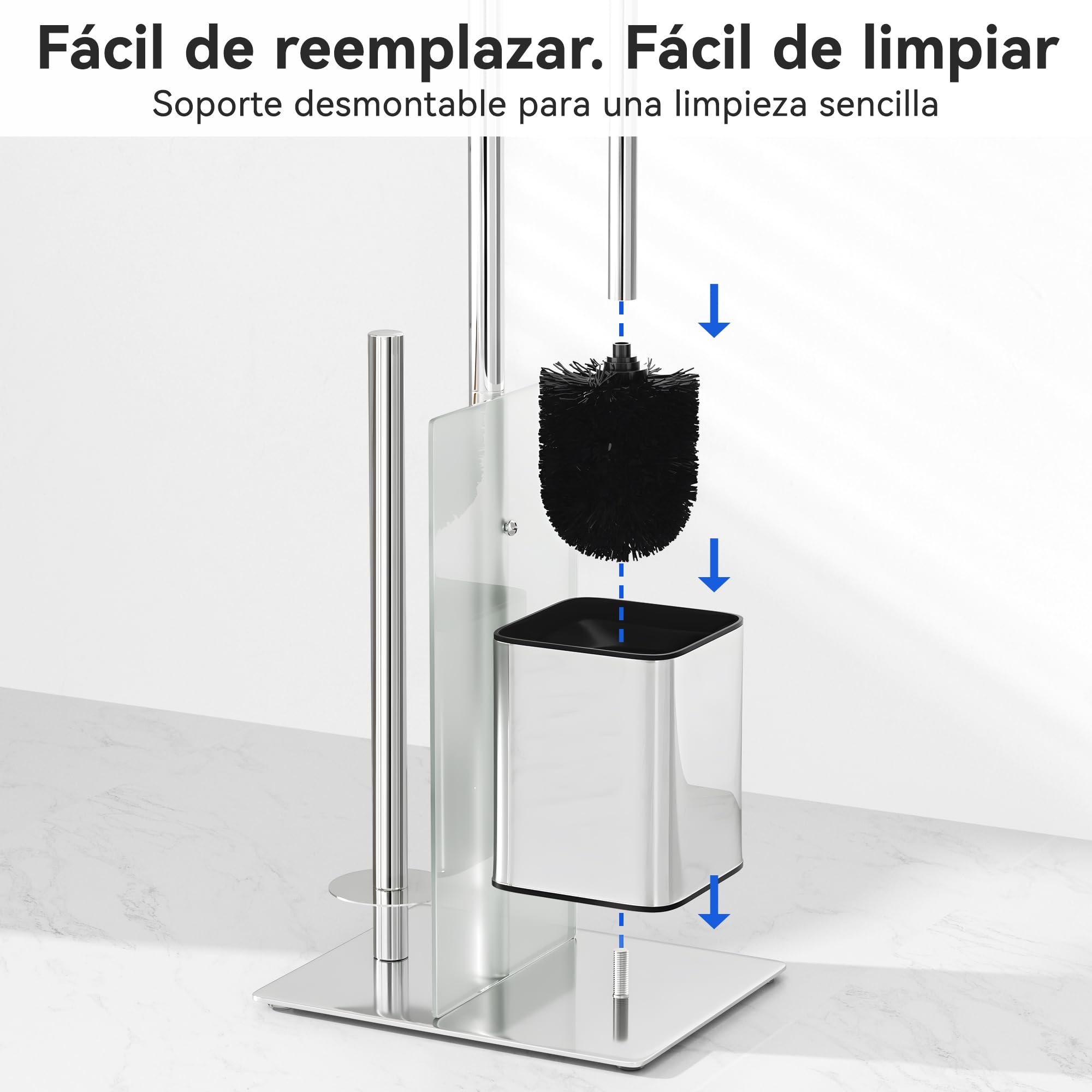 Portarrollos de pie con escobilla para inodoro - Portaescobilla y soporte para rollos de papel higiénico de pie con estante de vidrio, sin necesidad de taladrar, juego de accesorios para inodoro de