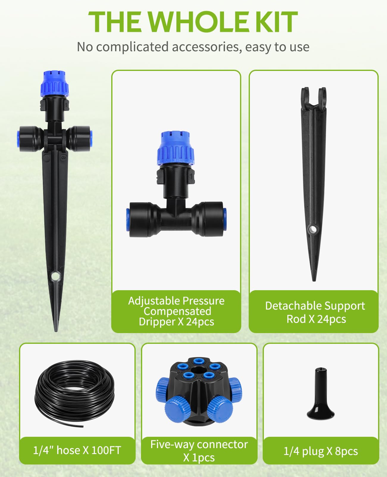 HIRALIY 100FT Garden Watering System, Automatic Drip Irrigation Kits for Raised Bed, New Design 5-Way Connector and Quick Connector, Irrigation System for Plant Patio