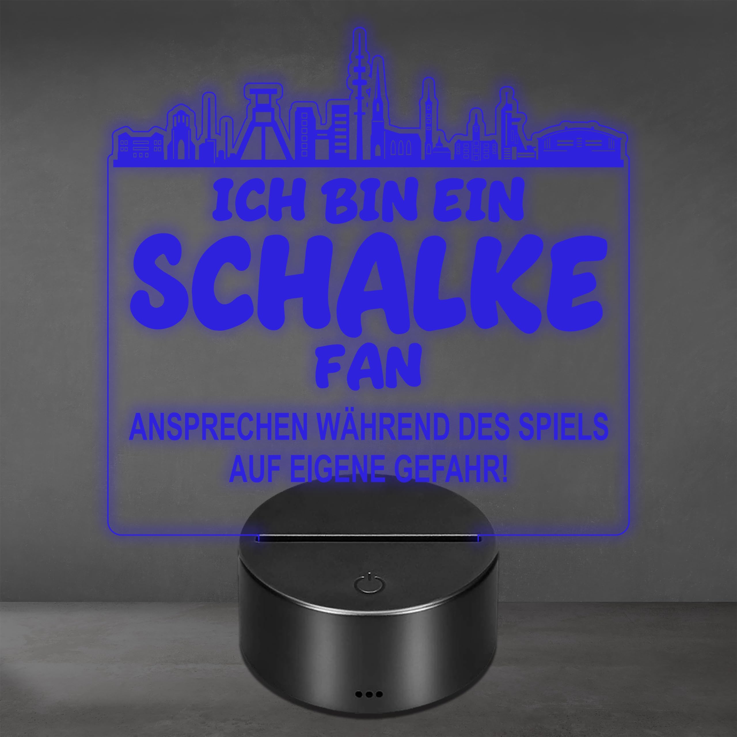 Lieblingsmensch Schalke Fan Fußball LED Nachtlicht – 3D Skyline Design „Ansprechen auf eigene Gefahr“ – RGB Farbwechsel mit Fernbedienung & Touch – Stimmungslicht für die Man Cave – 19x23cm