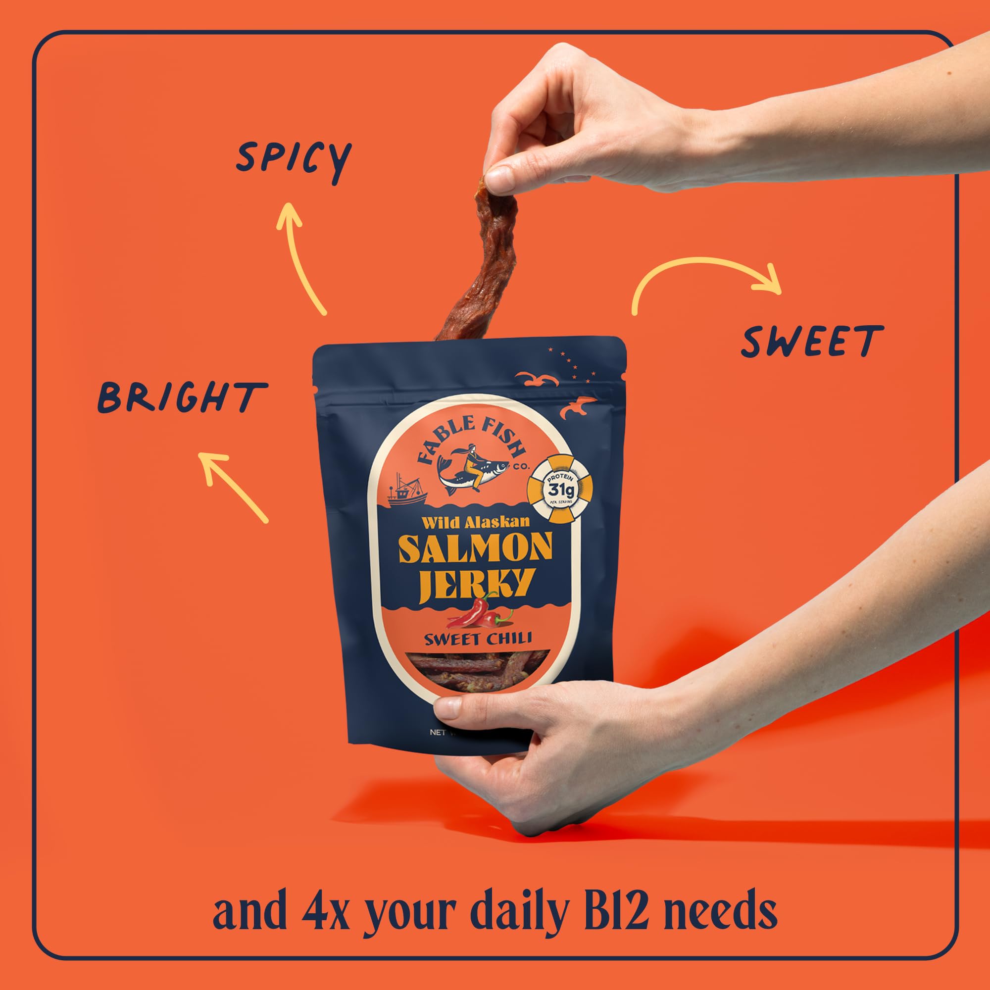 Fable Fish Wild Alaskan Salmon Jerky - Wild Caught Salmon with 31g of Protein - Tasty Fish Jerky with Omega-3s and Natural Source of Collagen - Made with Whole Muscle Sockeye - Sweet Chili thumbnail 3