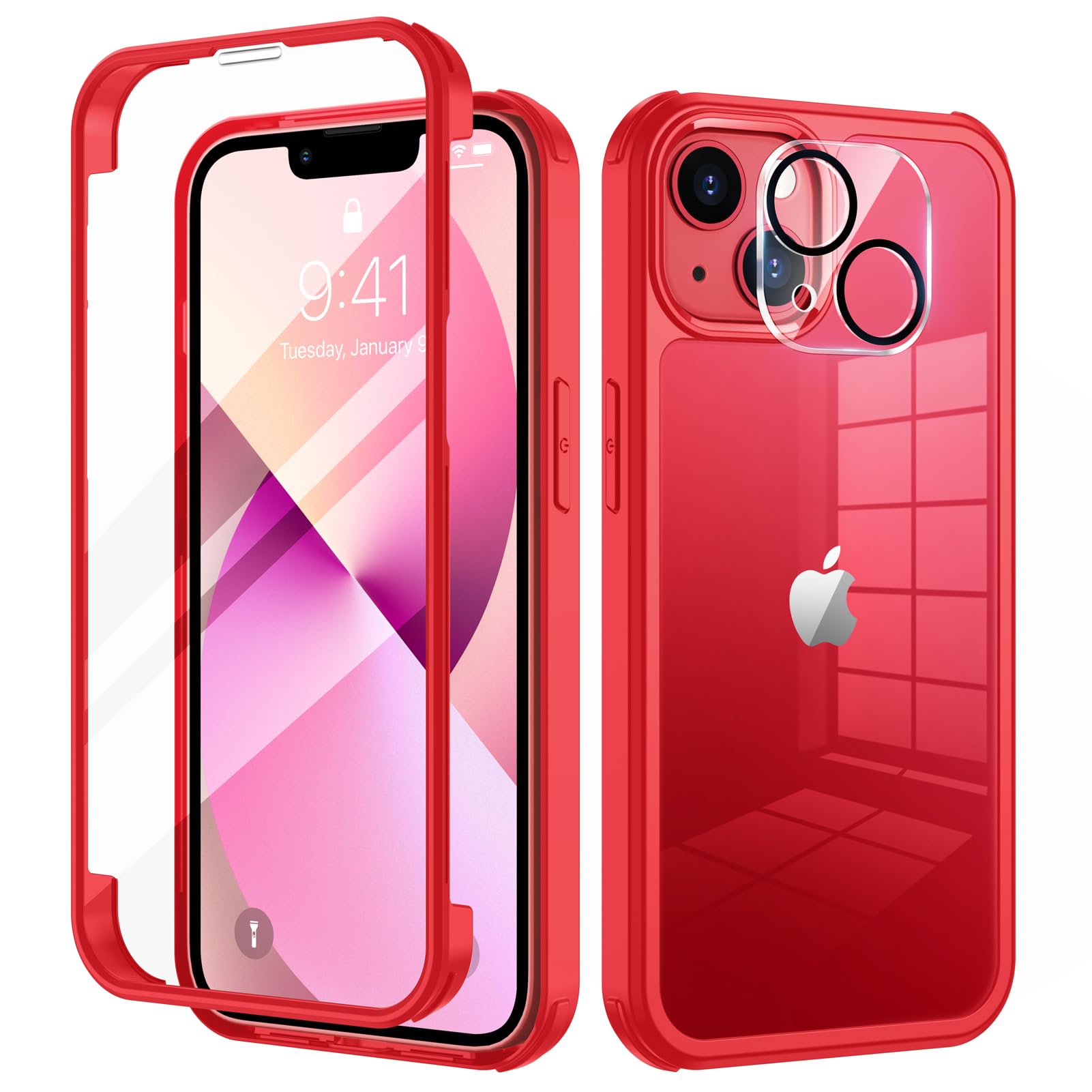 seacosmo Funda para iPhone 13 Mini con Protector de Pantalla, Rojo | Carcasa Antigolpes con Cristal Templado [9H HD], Protector Cámara, Protección 360° Doble Cara, Integral