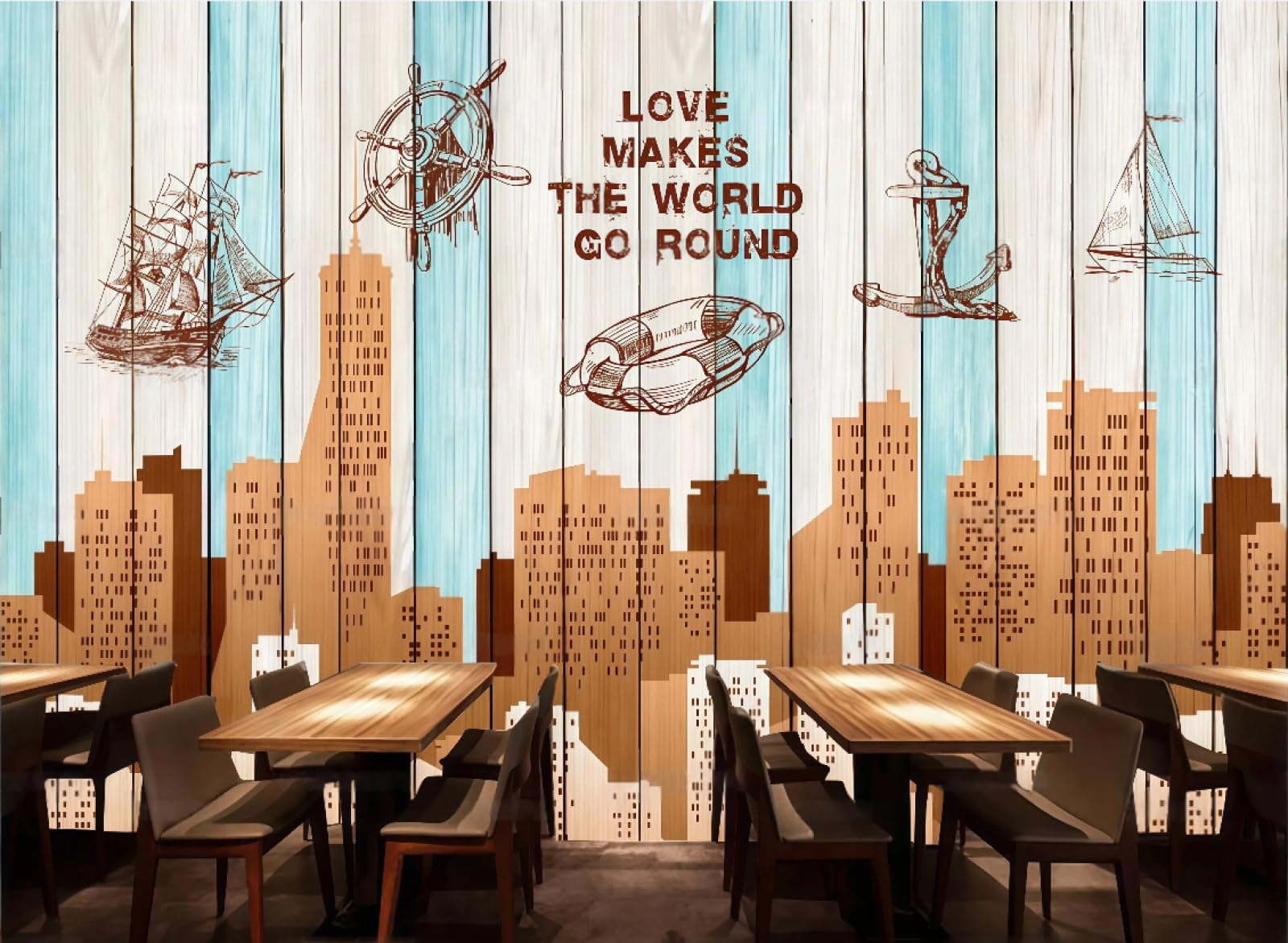 XDOUBAO Wallpaper Nostalgic Wooden Board Hand-Painted City Silhouette Coffee Drink Shop Afternoon Tea Western Restaurant Background Wall Wallpaper Coffee Shop Mural,3D,250x175cm
