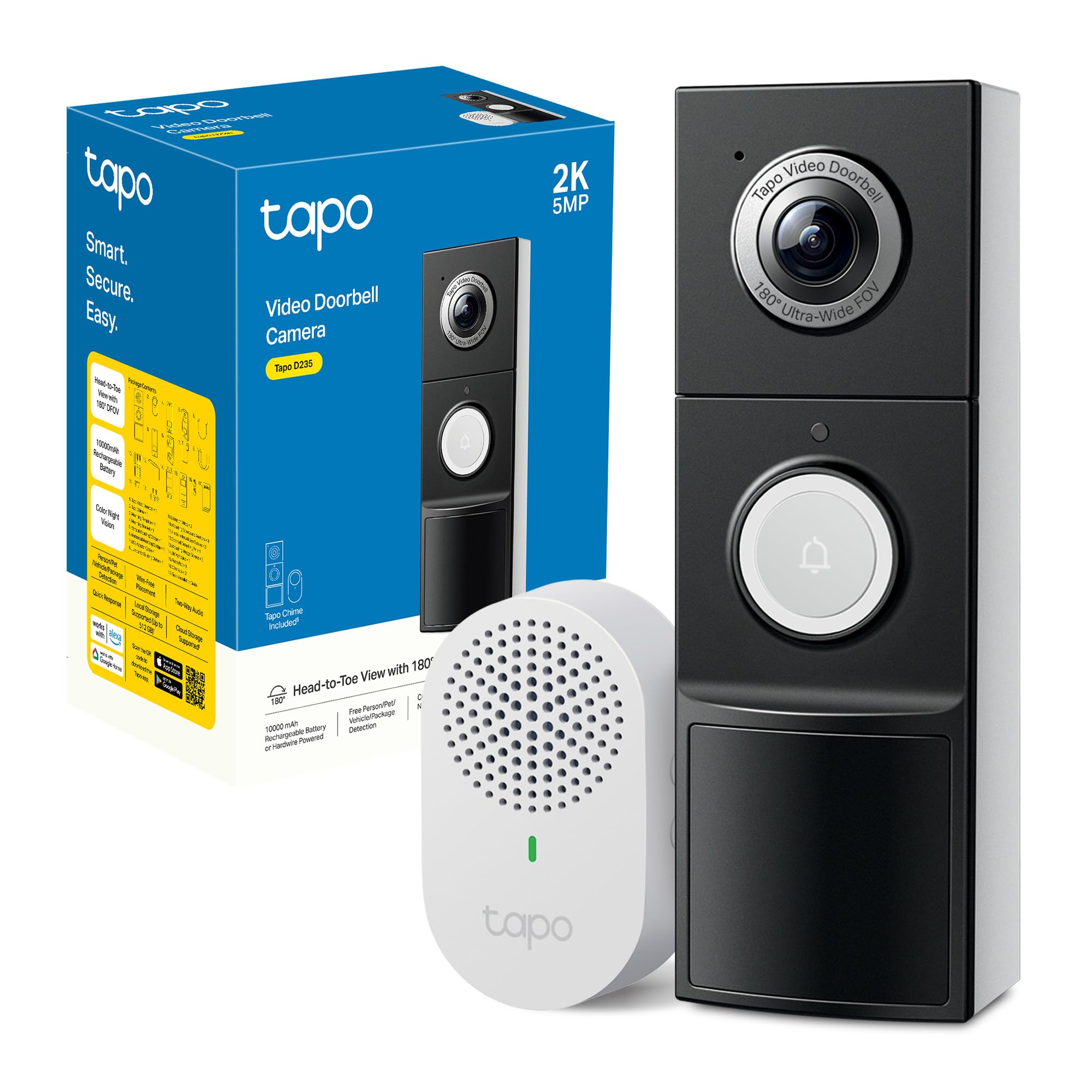 Tapo D235 Videocitofono 2K 5MP, Visione Notturna a Colori, Campo Visivo 180°, Rilevamento Intelligente, Audio Bidirezionale, Comunicazione Diretta da APP, Alta Durata della Batteria, Antifurto
