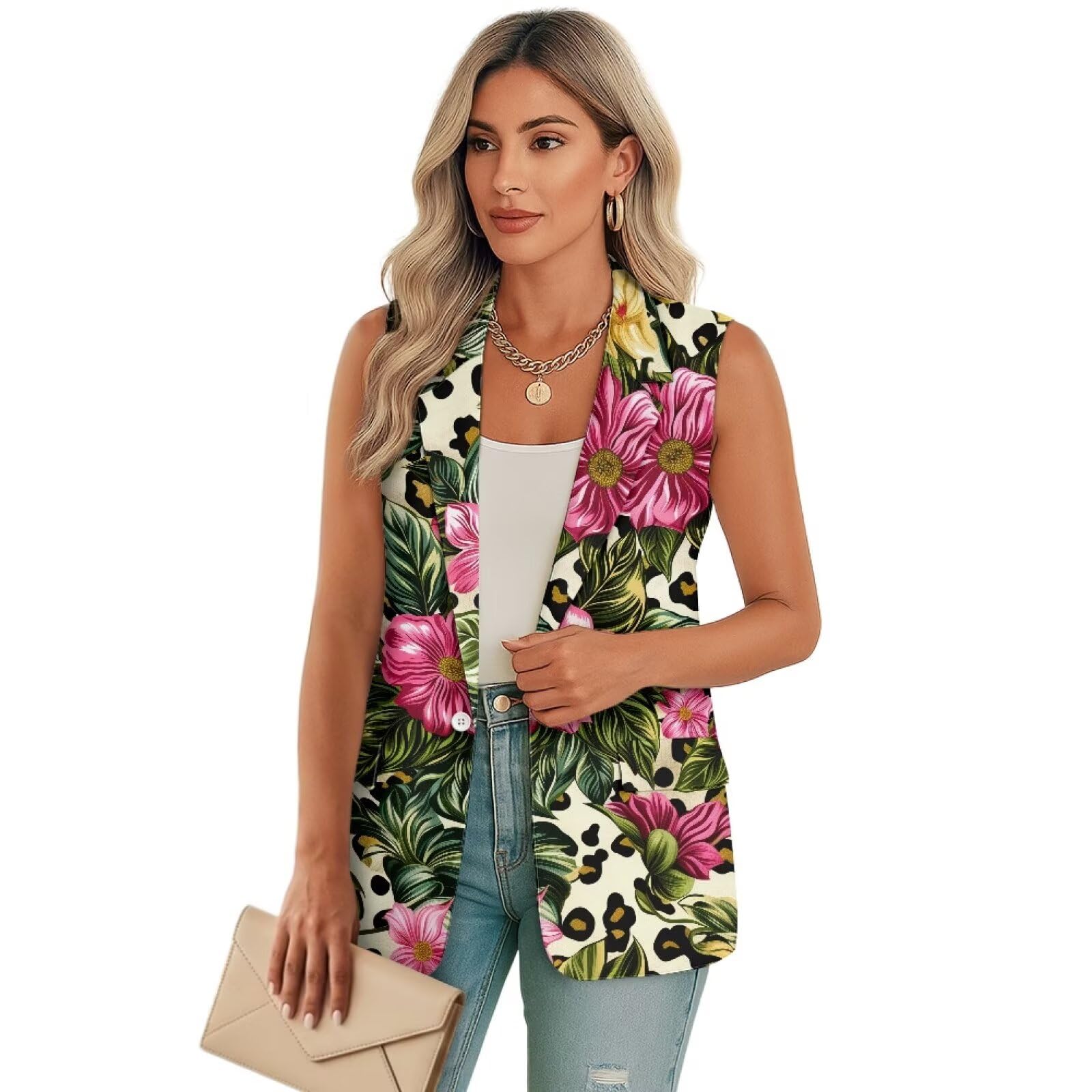 Womens Casual Vest Tops with Pocket Sleeveless Blazer Suit Lightweight Work Office Outerwear Waistcoat