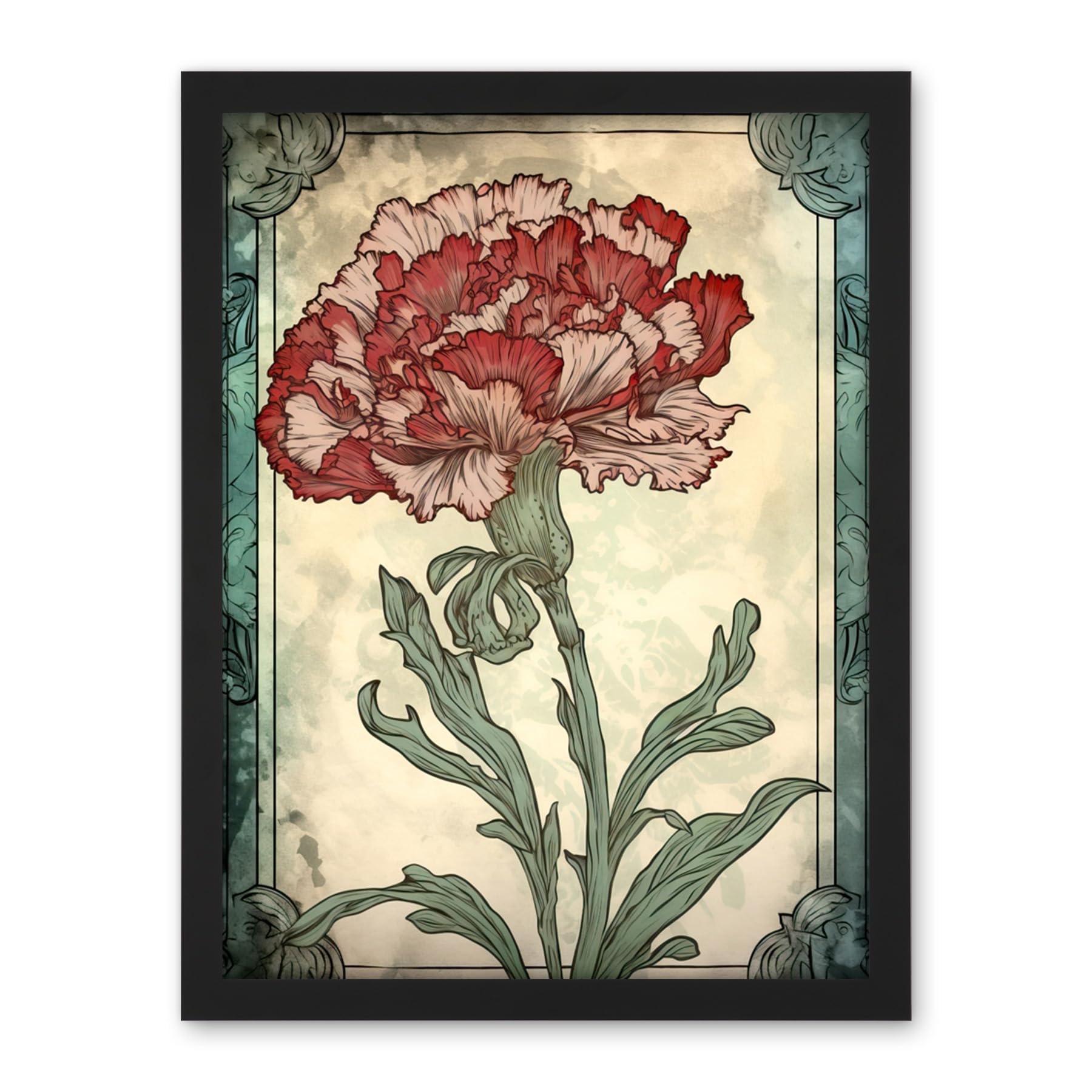 Artery8 Red Carnation Flower Bloom Watercolour Art Nouveau Artwork Framed Wall Art Print 18X24 Inch