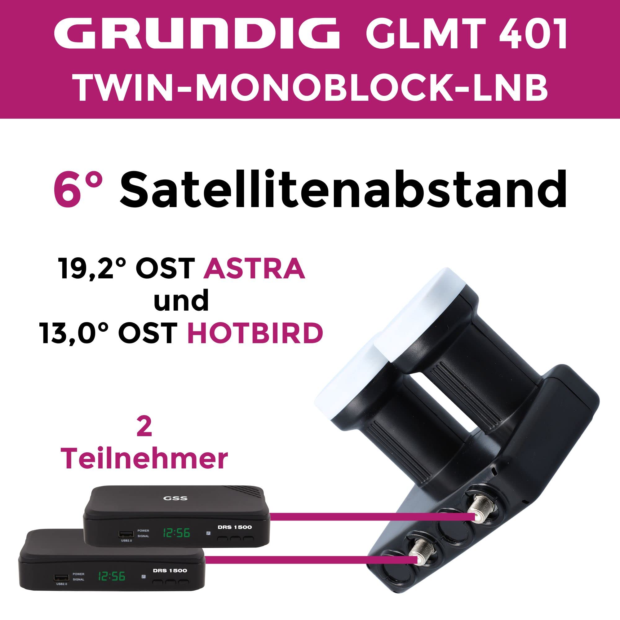 GSS GRUNDIG Monoblock Twin LNB Astra Hotbird para 2 participantes y 2 satélites, 2 compartimentos HD 4K LNC para conexión directa (TV, receptor de satélite) LMB para antena parabólica