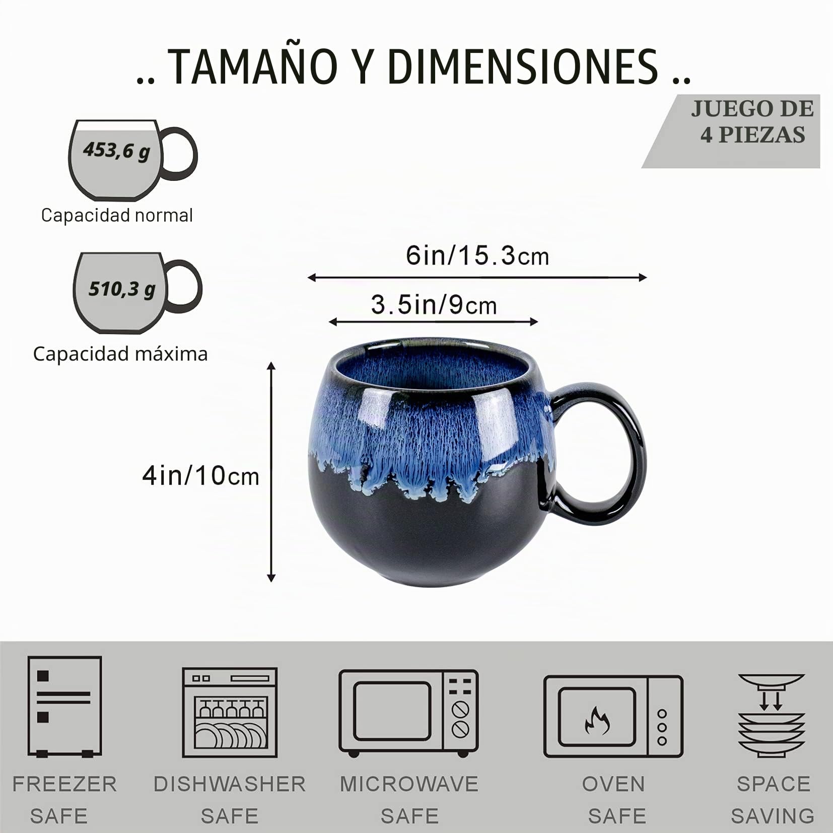 UNICASA Taza de Cerámica, Juego de Tazas Café de 4 Piezas, Tazas Redondas de Té en Color Azul, Vajilla para 4 Personas, Servicio de Café - Juego de Tazas de 4 Piezas