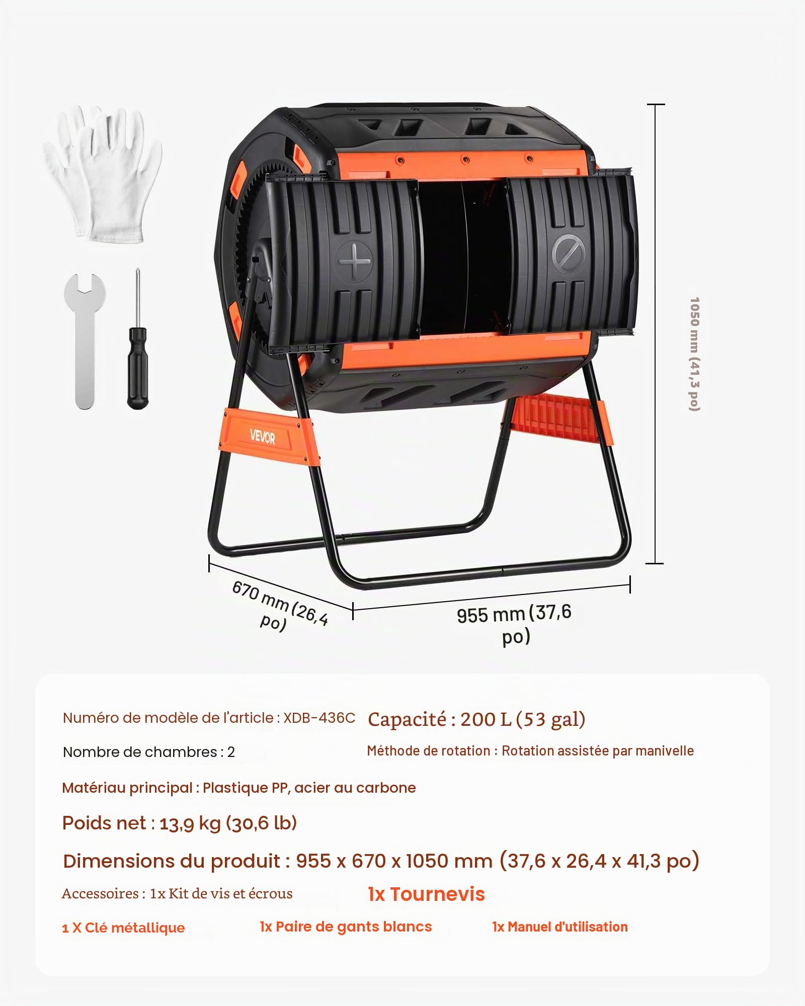 VEVOR Composteur de Jardin Rotatif, Bac à Compost Capacité 200 L à Double Chambre, pour Compostage des Déchets Cuisine Jardinier Extérieur, en PP, avec 2 Portes Coulissantes et Système d'Aération