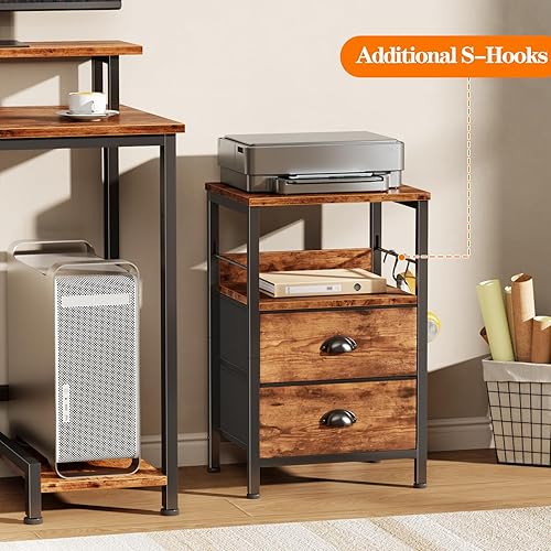 Miniatura 26 de Furologee Juego de 2 mesitas de noche, mesita de noche con 2 cajones de tela, mesitas de noche con estante abierto, parte superior de madera, Roble