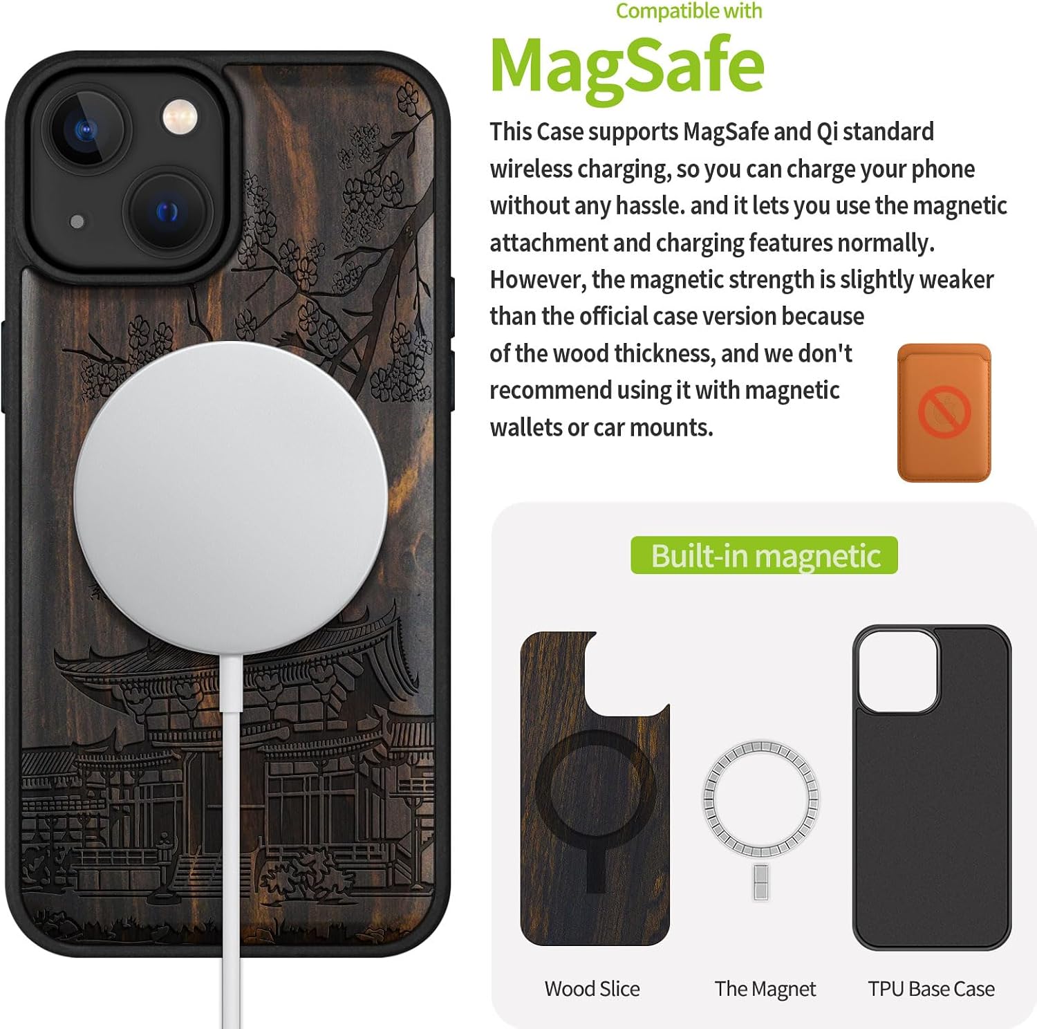 Carveit Magnetic Wood Case for iPhone 14 Case [Natural Wood & Black Soft TPU] Unique & Classy Wooden Shockproof Protective Cover Compatible with magsafe (Traditional Temple -Blackwood)