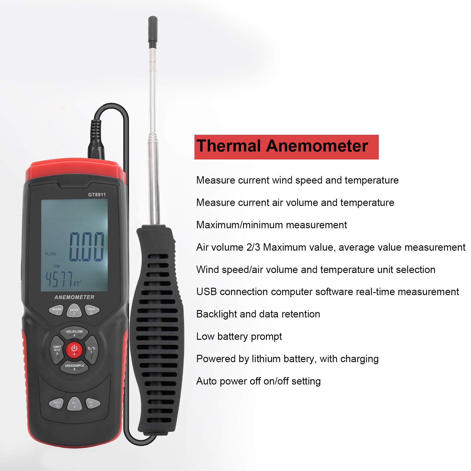 Anemómetro térmico PolyGen con sonda de cuello de cisne flexible, probador de velocidad del viento portátil que mide el flujo de aire, el volumen y la temperatura con pantalla LCD