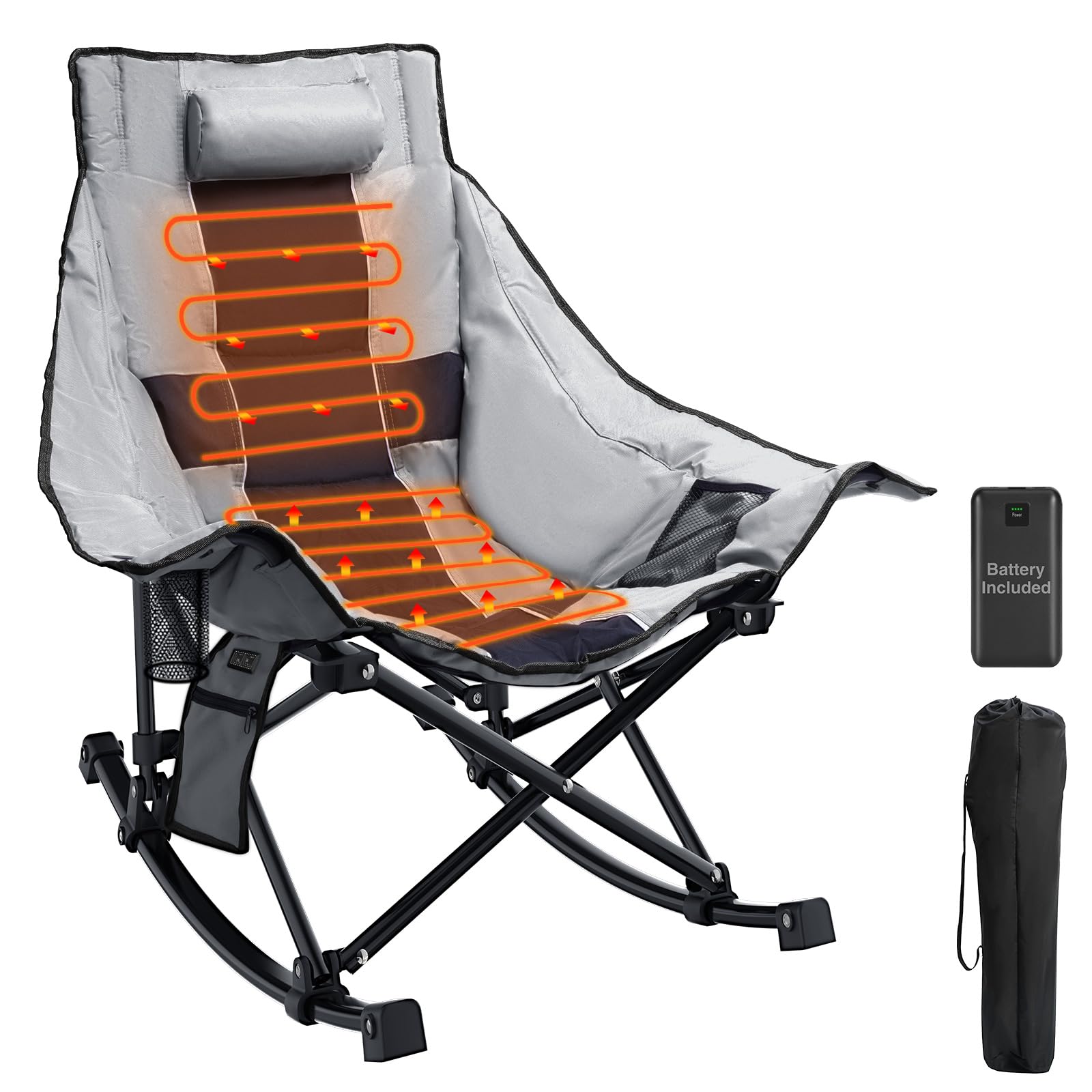 ZENPETIO Heated Camping Chair, Oversized Outdoor Rocking Chair with 3 Heat Levels, Portable Folding Heated Chair for Camp, Lawn, Sports, Winter Use (Battery Included)
