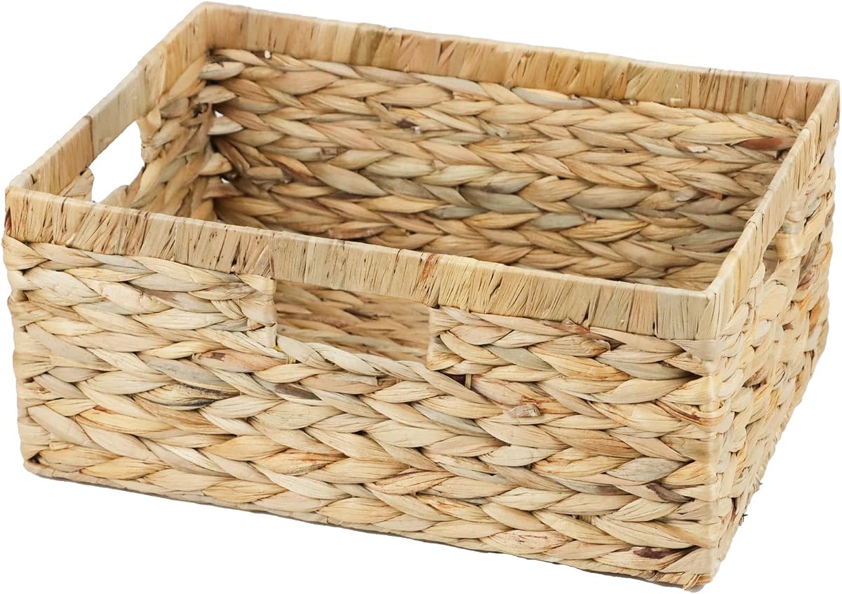 Large Wicker Basket, Water Hyacinth Wicker Storage Basket for Organizing | Rectangular Basket for Shelves, Rattan Woven Basket with Built-in Handles, Shelf Organizer, Towel and Blanket Storage, Large