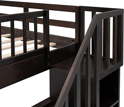 Miniatura 85 de Merax Litera de escalera individual sobre matrimonial con nido, escalera de almacenamiento y barandilla de longitud completa, litera de