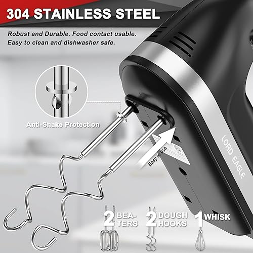 Miniatura 2 de Lord Eagle Batidora de mano eléctrica de 400 W, batidora de mano de 5 velocidades, 5 accesorios de acero inoxidable para hornear, pastel, huevo,