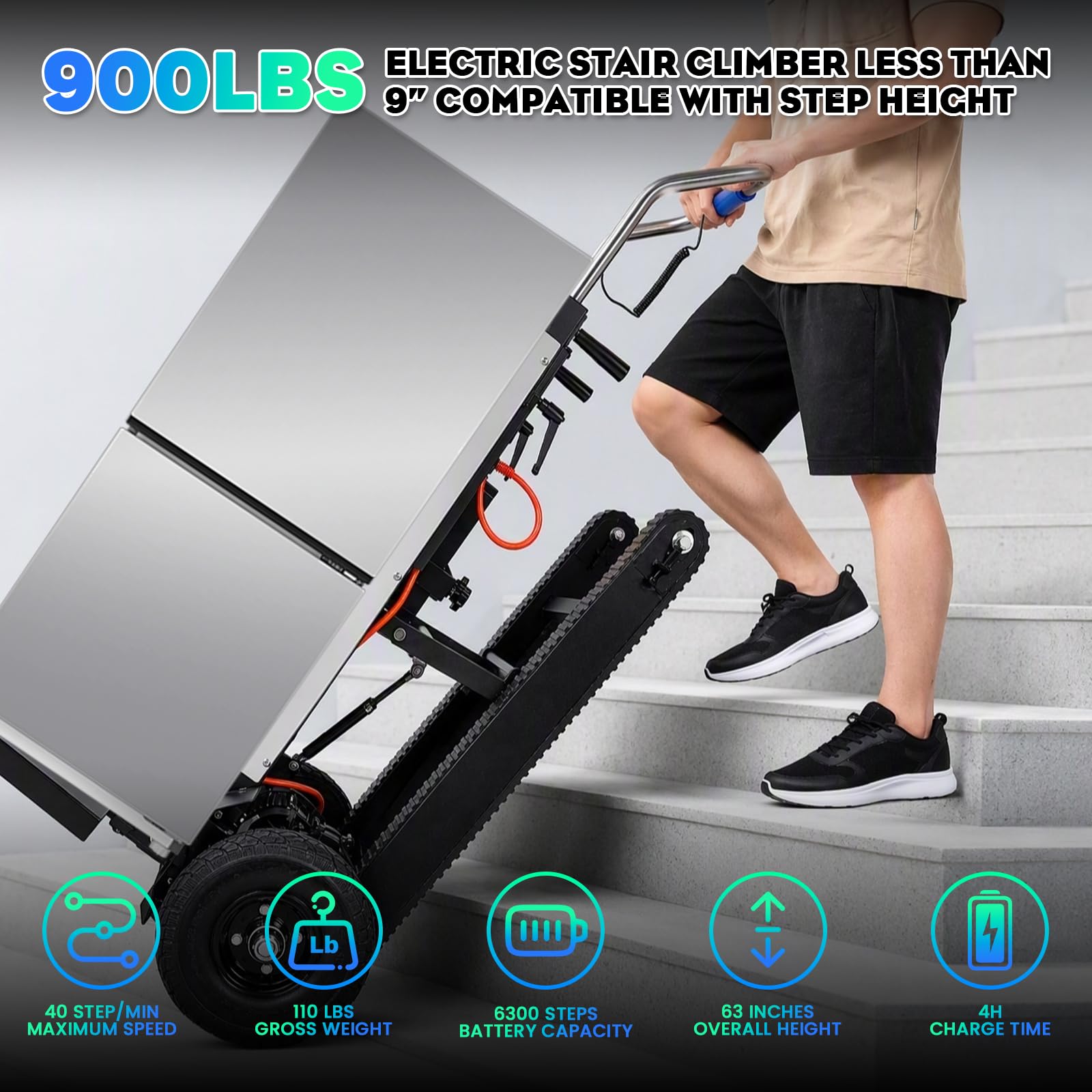 1200W Elektrische Sackkarre mit Gummiketten, Elektrischer Treppensteiger 900lbs Tragkraft, Treppen & Abstiege BewäLtigen, Schwere Treppensteiger mit Sicherheitsseil & Luftpumpe für Möbeltransportieren