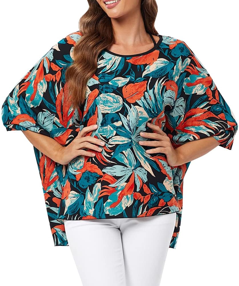 Ckikiou Womens Batwing Loose Chiffon Summer Blouse Tunic Floral Printed Boho Beach Cover ups