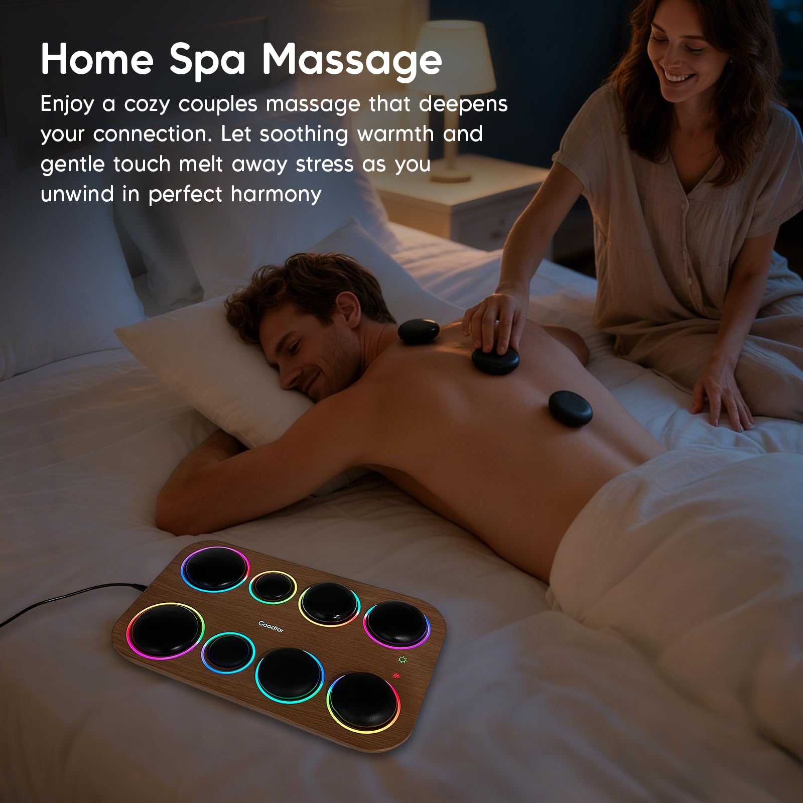 Lot de 8 pierres chaudes avec chauffe-pierres de basalte pour soulager la douleur des tissus profonds, relaxation musculaire et thérapie du stress – Kit de spa à domicile avec lumière ambiante