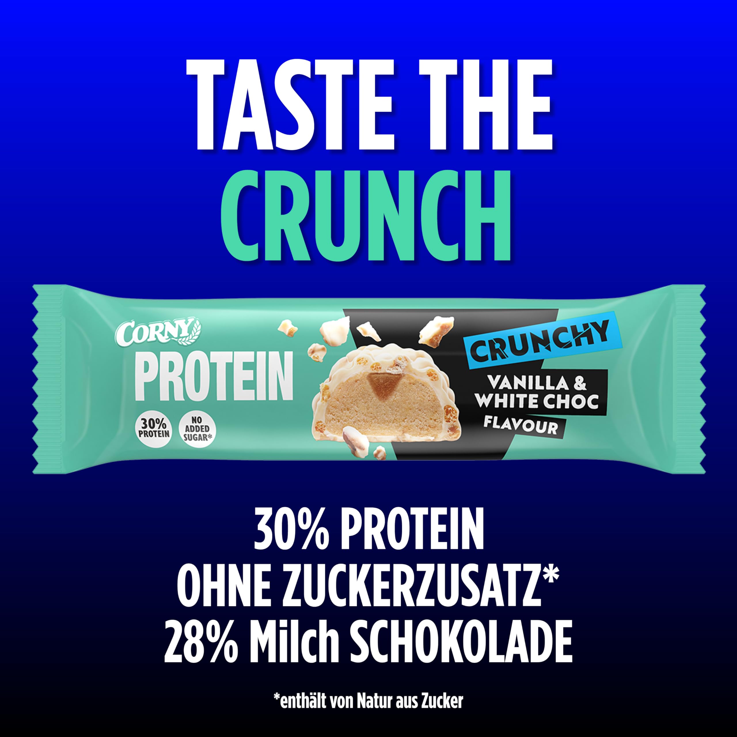 CORNY Protein Crunchy Cioccolato Bianco e Vaniglia, Barretta Proteica Senza Zuccheri Aggiunti*, 12 Barrette x 45g (Confezione da 2)