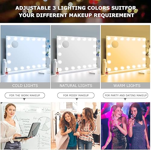 Miniatura 2 de Espejo de maquillaje con luces, aumento de 10X, espejo de tocador iluminado Hollywood con 20 bombillas LED regulables, 3 modos de color, control
