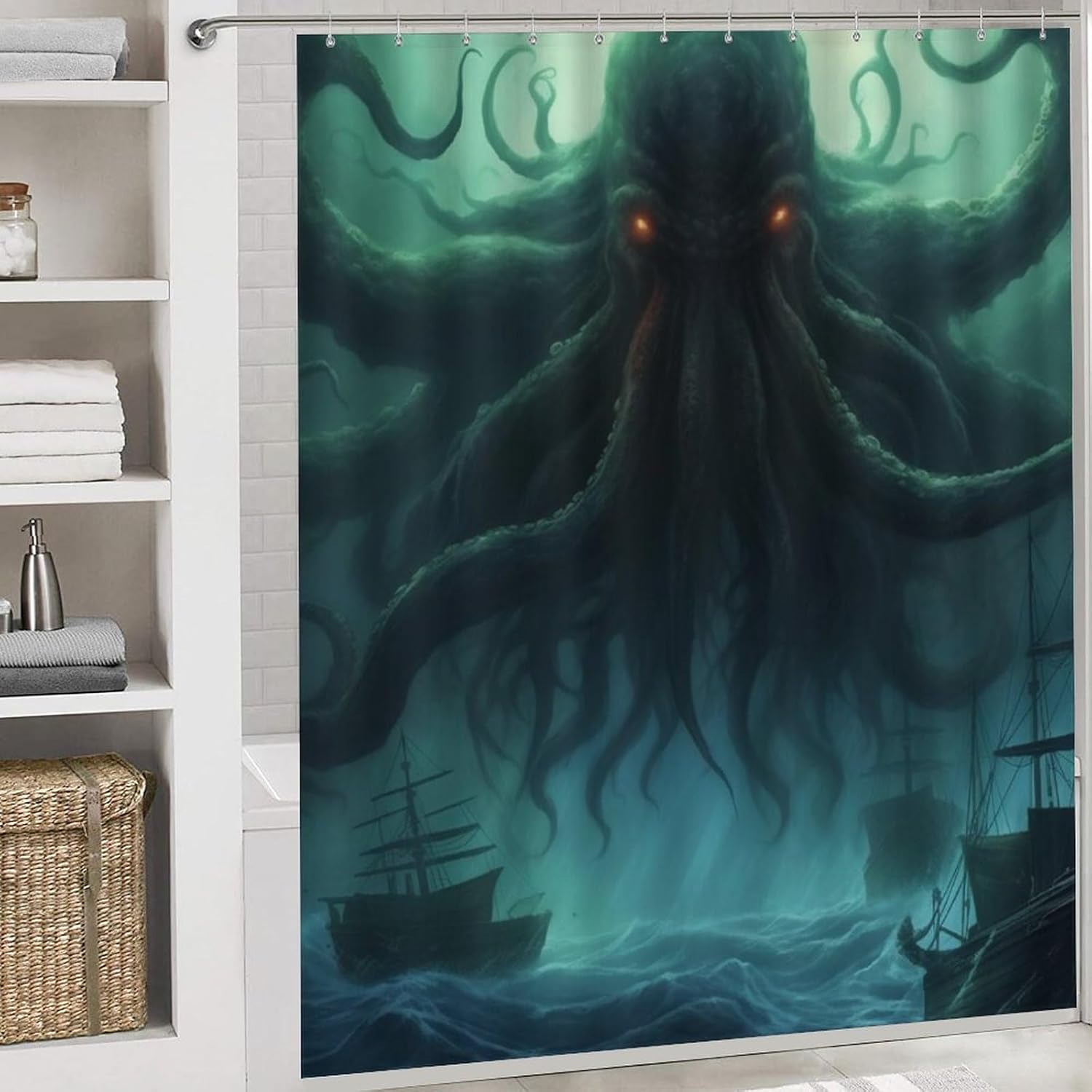 Dead Cthulhu Waits Dreaming 4 Pcs Bathroom Shower Curtain Set,Bathroom Sets with Rugs (Bath Mat,U Shape and Toilet Lid Cover Mat), Bathroom Decor Set