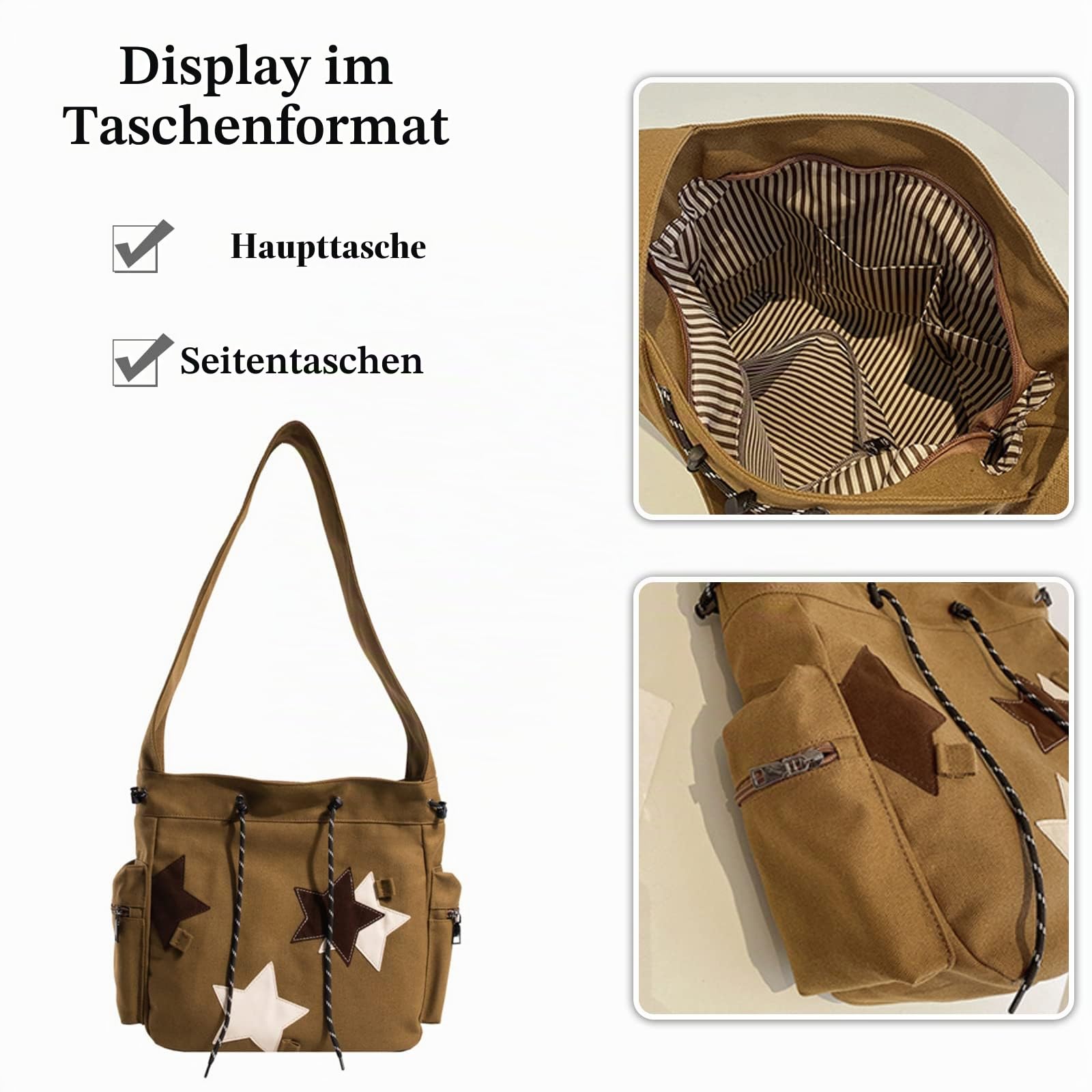 Canvas Schultertasche Kordelzug Handtasche Große Kapazität Henkeltaschen Casual Umhängetasche Mode Tragetasche Multifunktionale Tote Beutel Arbeit Reise Shopper Henkeltasche Khaki
