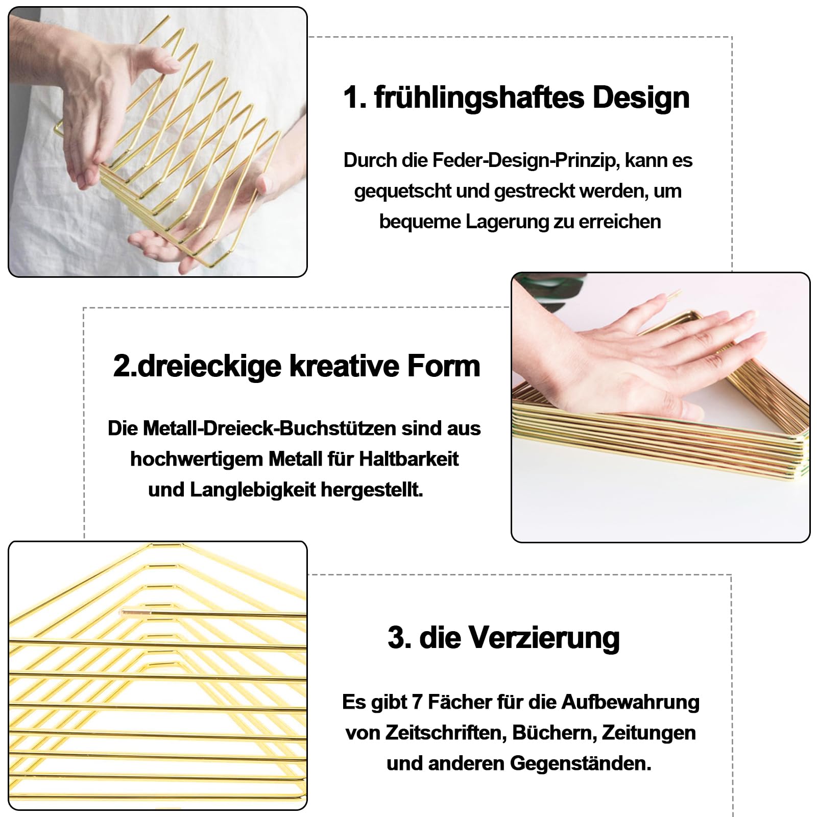 Metall Dreieck Bücherregal, Dreieckig Zeitungshalter, Halter Dreieck Desktop Metall, 7 Steckplätze Zeitungsständer, Dokumente Ordner Ständer, für Zierpflanzen, Bücherregal, Zeitschriftenständer, Gold