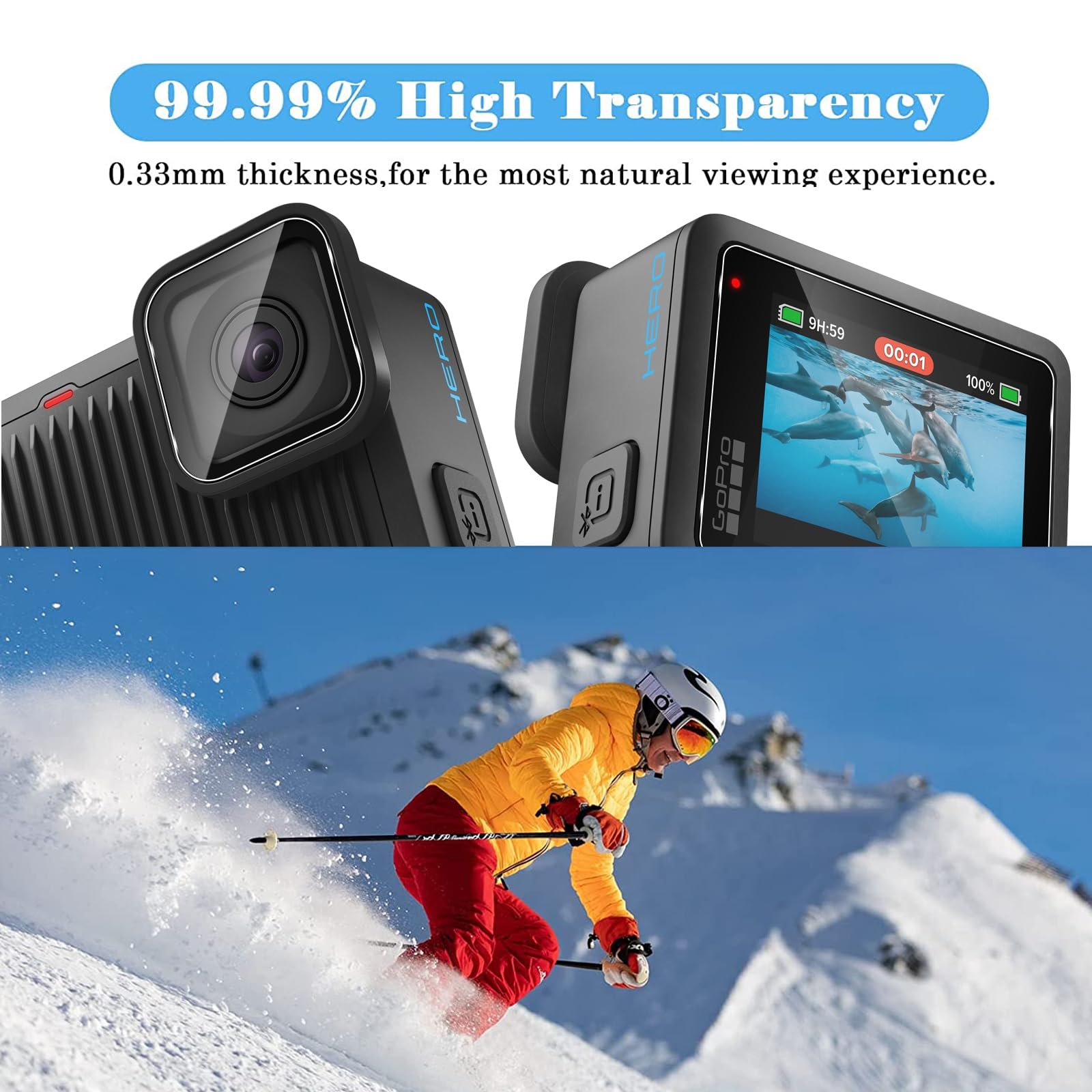 QULLOO Pellicola Protettiva per GoPro LIT Hero/GoPro Hero, 2 Pezzi Film Vetro Temperato Schermo+2 Pezzi Pellicole Protezione Fotocamera Posteriore, Durezza 9H, Anti-Scratch, HD Chiaro