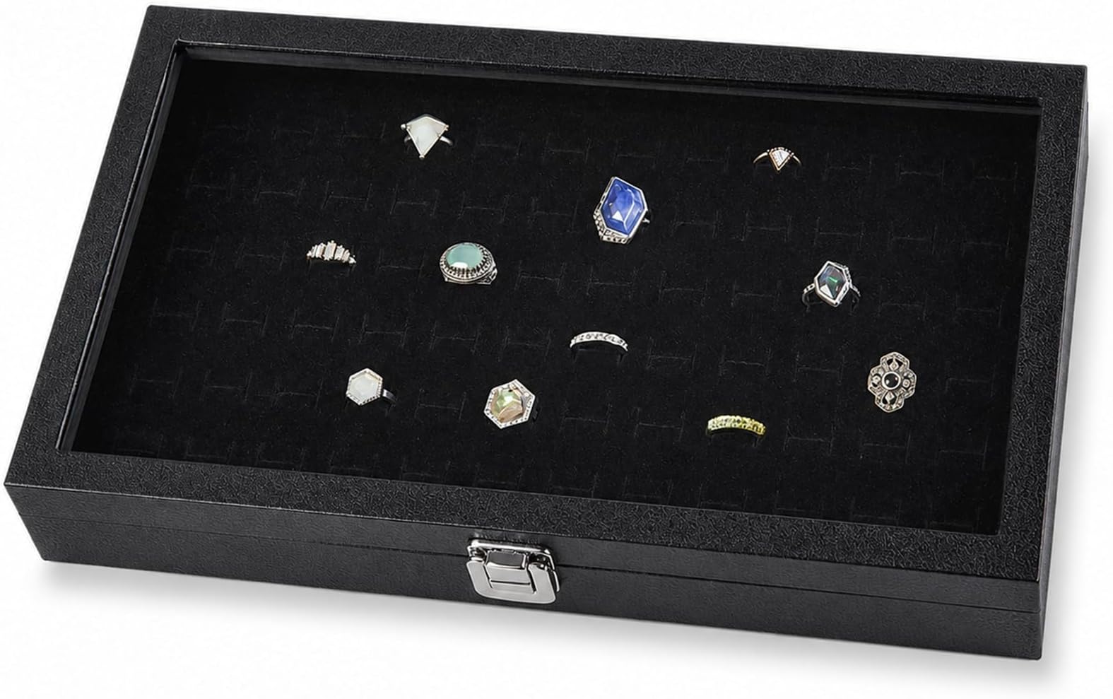 Huji Glass Top Ring Display Showcase With Velvet Insert Liner Jewelry Organizer (1, 72 Slot Case)