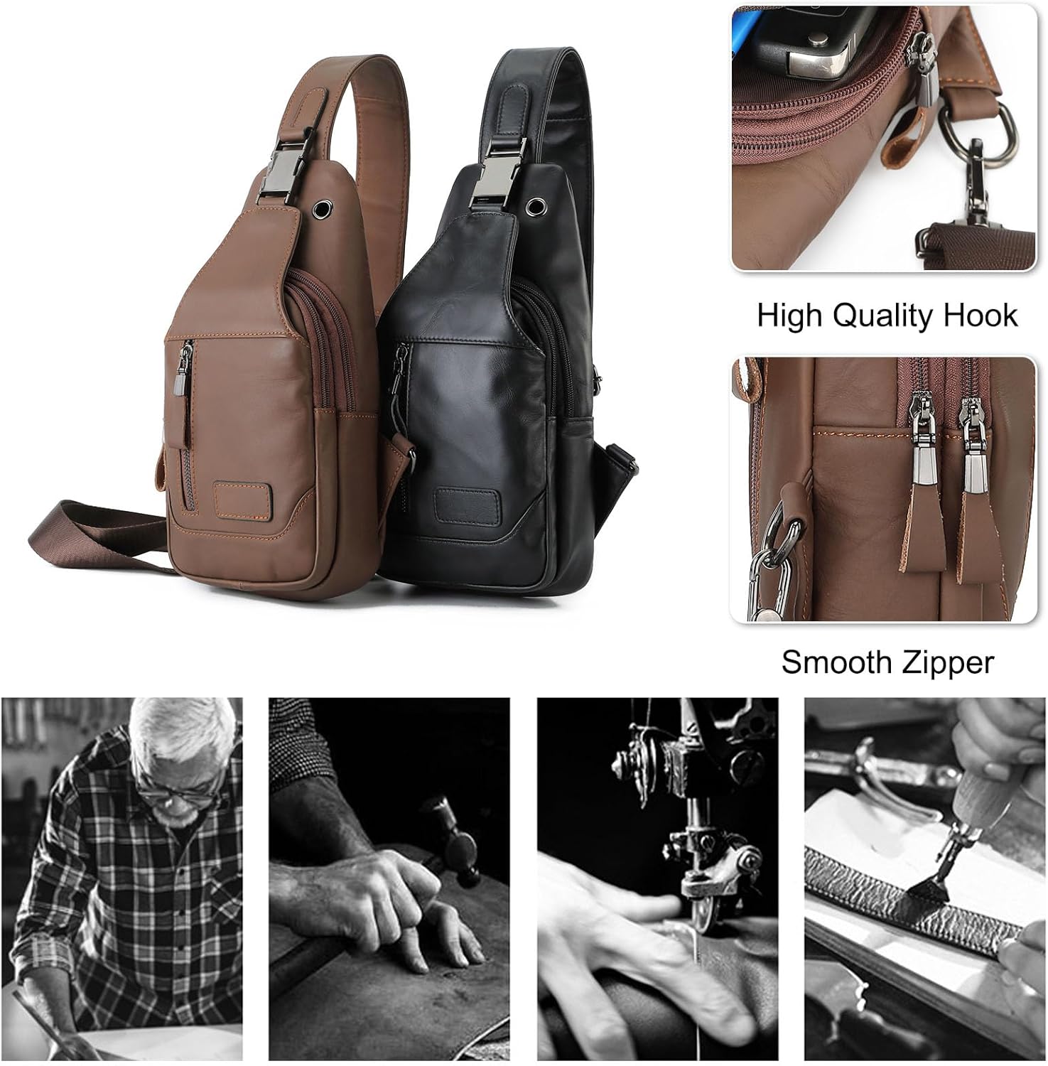 FANDARE Retro Sling Bag Crossbody Shoulder Bag Genuine Leather Small Cover Pack for Men Personal Flex Bag Chest Pack Everyday Carry Bag for Tactical Travel Work Outdoor Hiking Camping Chest Bag Brown