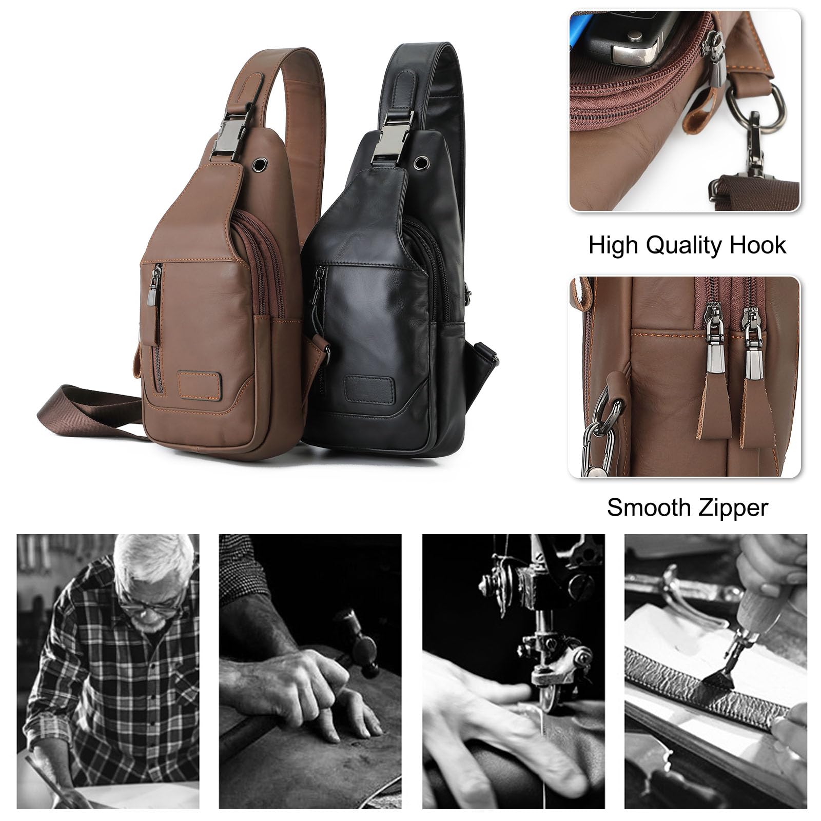 FANDARE Retro Brusttasche Herren Schultertasche Leder Herrentasche Umhängetasche Bodybag Brustbeutel Sling Chest Bag Crossbody Pack Geschäft Tagesrucksäcke für Freien Reisen Wandern Joggen Schwarz
