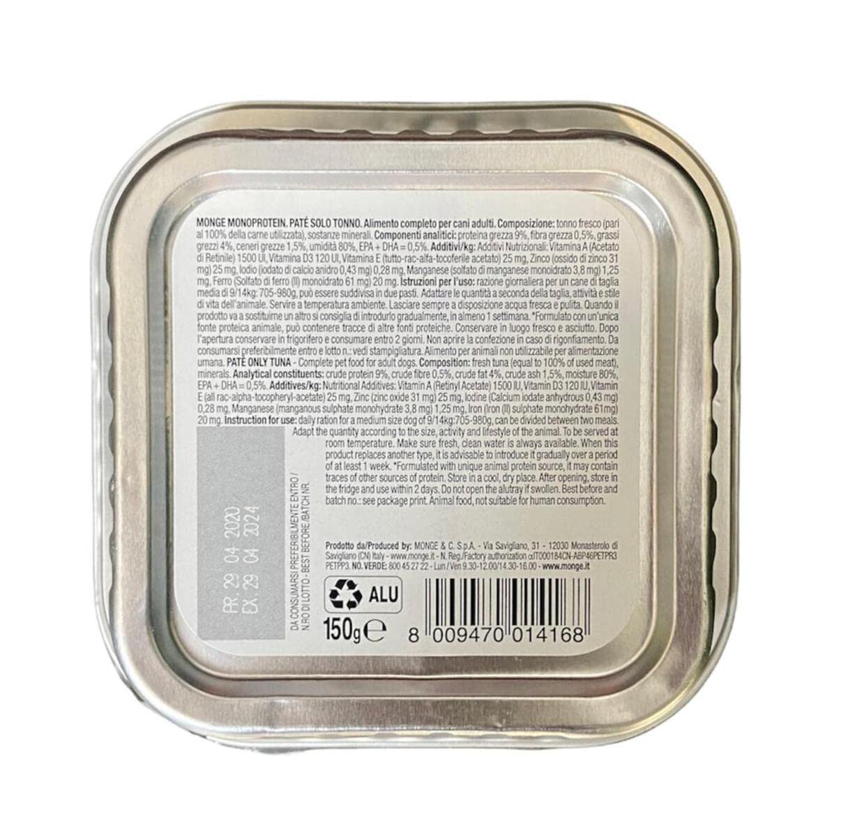 Monge Monoprotein Cibo umido per Cane solo Tonno, naturalmente senza coloranti, conservanti e zuccheri aggiunti. Confezione da 24 vaschette (1 = 150gr.)