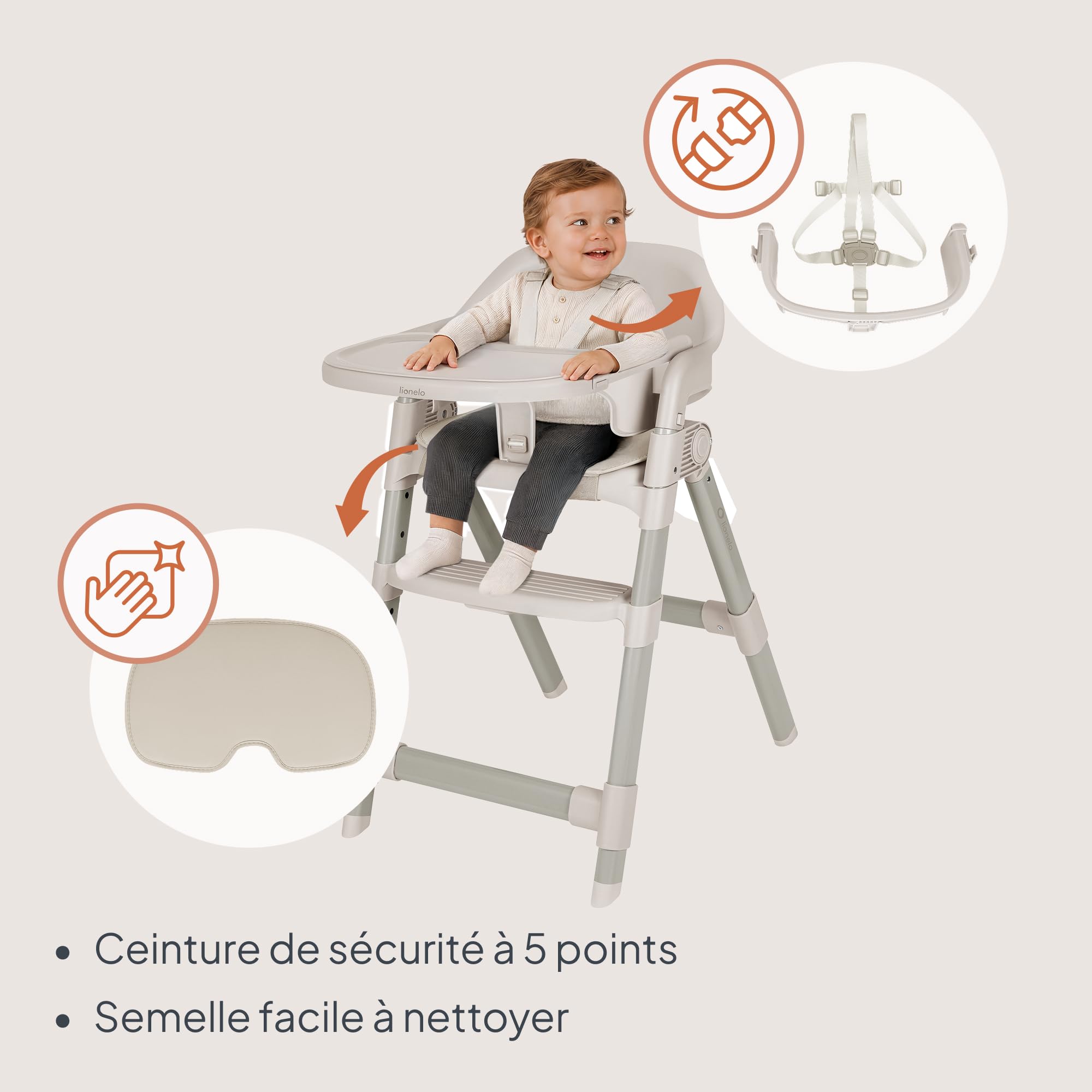 Lionelo Matt Chaise Haute Bébé 3 en 1, Pliable et Évolutive, Beige | Dès 6 Mois, Assise et Repose-Pieds Réglables, Plateau Lave-Vaisselle, Harnais 5 Points, Coussin Doux, Jusqu’à 110 kg