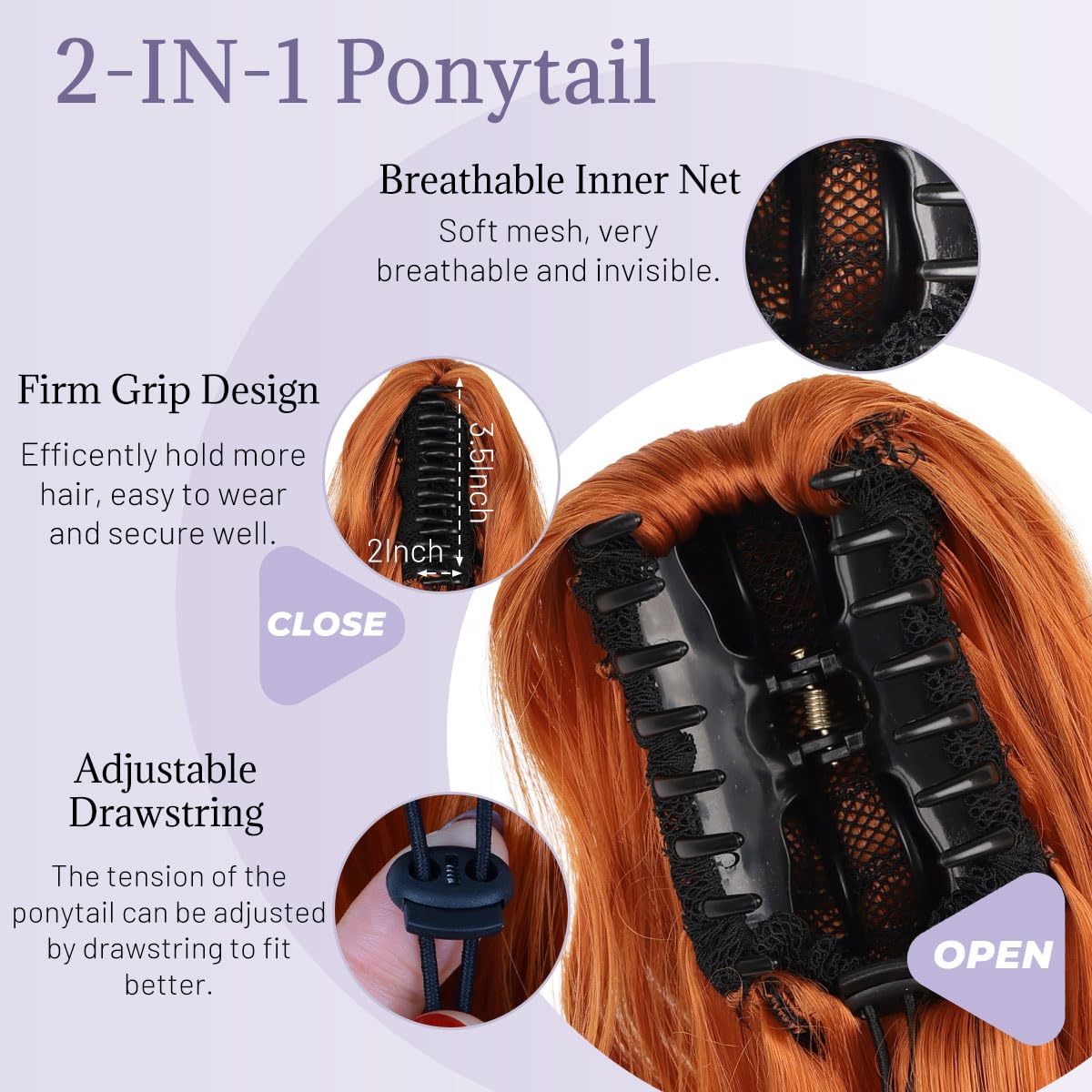 JIAMEISI Claw Clip Ponytail Hair Extensions 18 Inch Ponytail Extension Long Curly Wavy Jaw Clip in Pony Tails Extension Synthetic Fluffy Hairpiece for Women Girls Daily Use Party (Ginger Copper) - Image 4