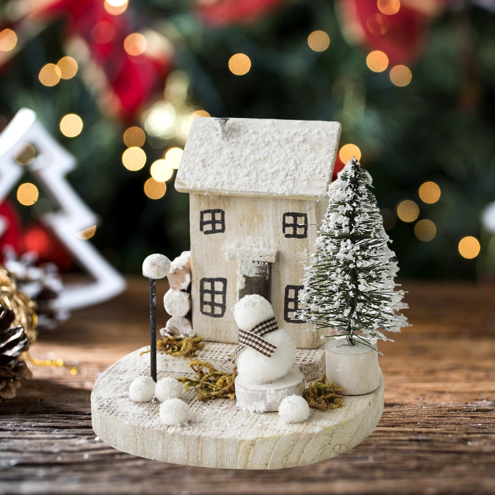 Casa Navidad Adorno Navideña Madera Miniatura Escenografía con Nieve Decoración de Mesa Adecuada para Hogares Fiestas, Style F
