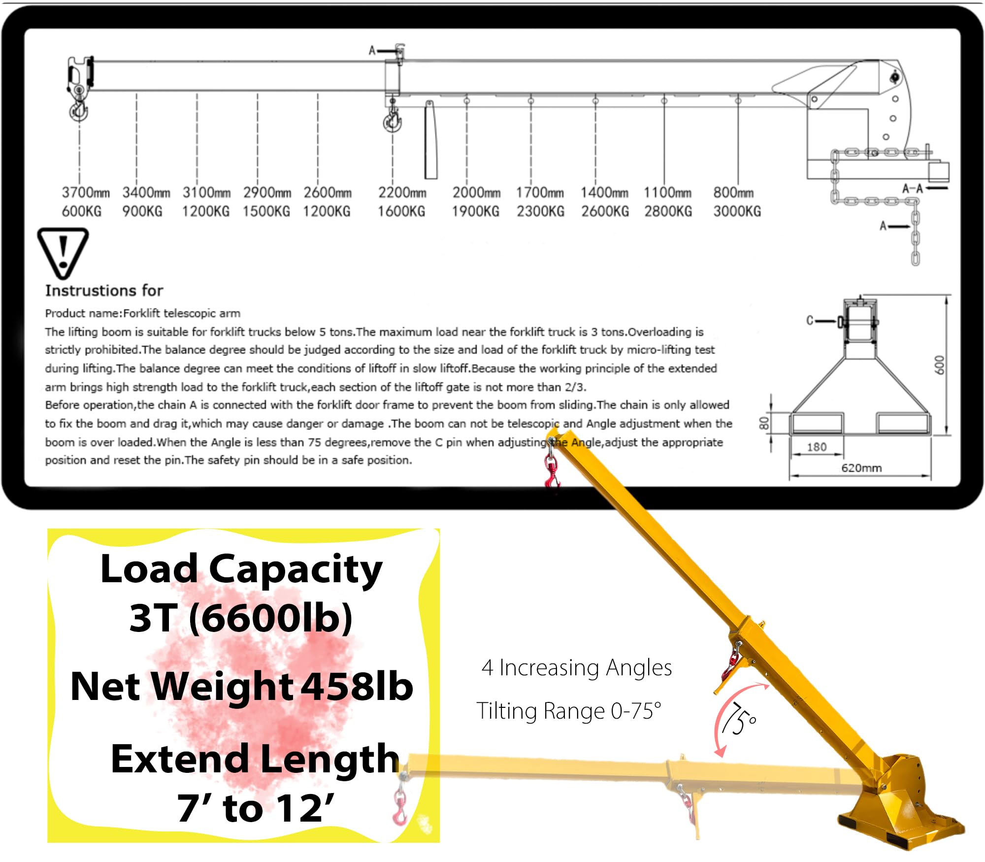 IntXanth 6600Lbs Telescopic Pivoting Fork Lift Booms with 2 Hooks, 4 Increasing Angles, Forklift Boom Extension to 12', Telescoping Forklift Boom Attachment