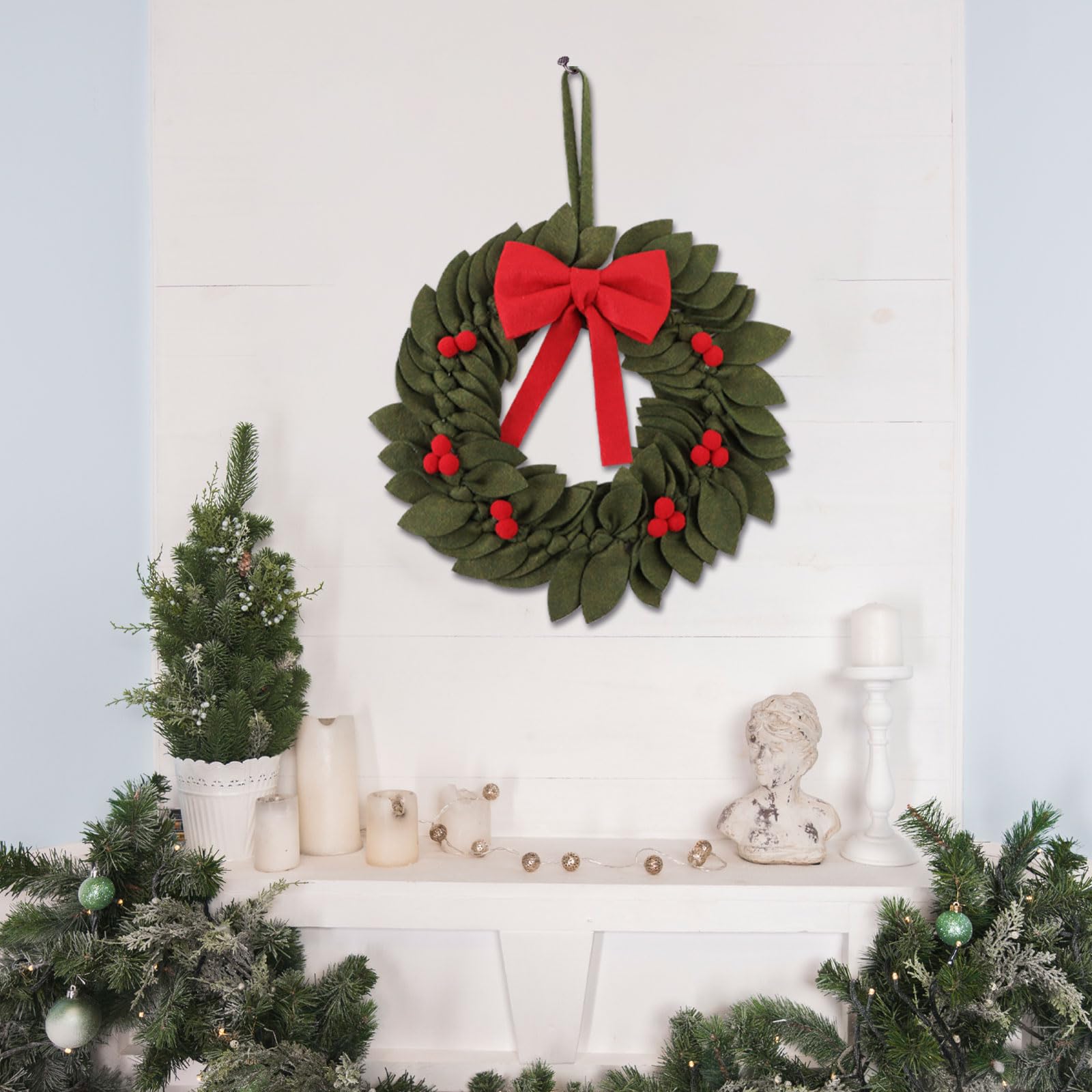 BETESSIN Türkranz Weihnachten - Filz Weihnachtskranz mit roter Schleife - Weihnachtsdeko Tür - Origineller Weihnachtskranz für Tür, Fenster, Wand - Skandinavische Deko Weihnachten - Grün, ⌀28cm