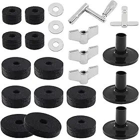 Biaungdo Conjunto de 23 peças de acessórios de substituição para pratos - feltro, feltro, copo, manga de suporte, arruela, base, porcas de asa e chave de bateria para bateria (preto)