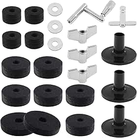 Biaungdo Conjunto de 23 peças de acessórios de substituição para pratos - feltro, feltro, copo, manga de suporte, arruela, base, porcas de asa e chave de bateria para bateria (preto)