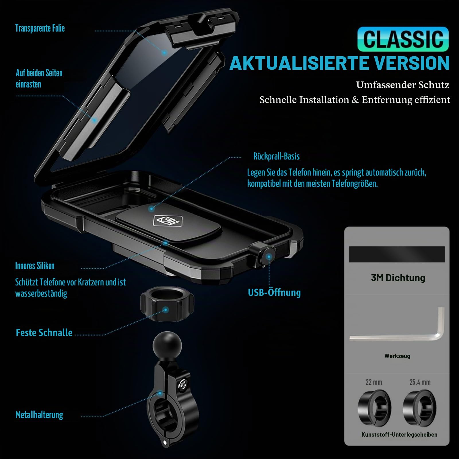 Motorrad Handyhalterung Wasserdicht Handy Halterung Fahrrad Universal 360° Drehbaren Anti-Vibration Motorrad Scooter Handyhalter Fahrrad Lenker für 5.5-6.8''