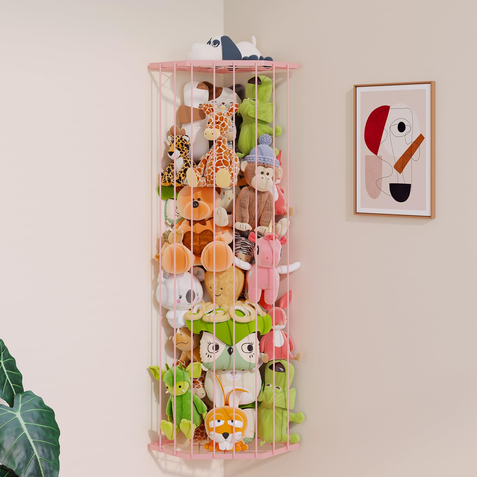 BBLlKE Stuffed Animal Storage Zoo - Corner Plush Toy Organizer Length Adjustable, Wall Hanging Stuffed Animal Net Holder for Nursery Playroom Bedroom Kids Room, Decor Shelf, Pink