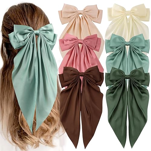 6 PCS Hair Bows for Women, Big Bow Hair Clips for Girls, Silky Satin Hair Bow Clips Oversized, Large Cute Aesthetic Hair Accessories Christmas Gifts Holiday Green Color - Green