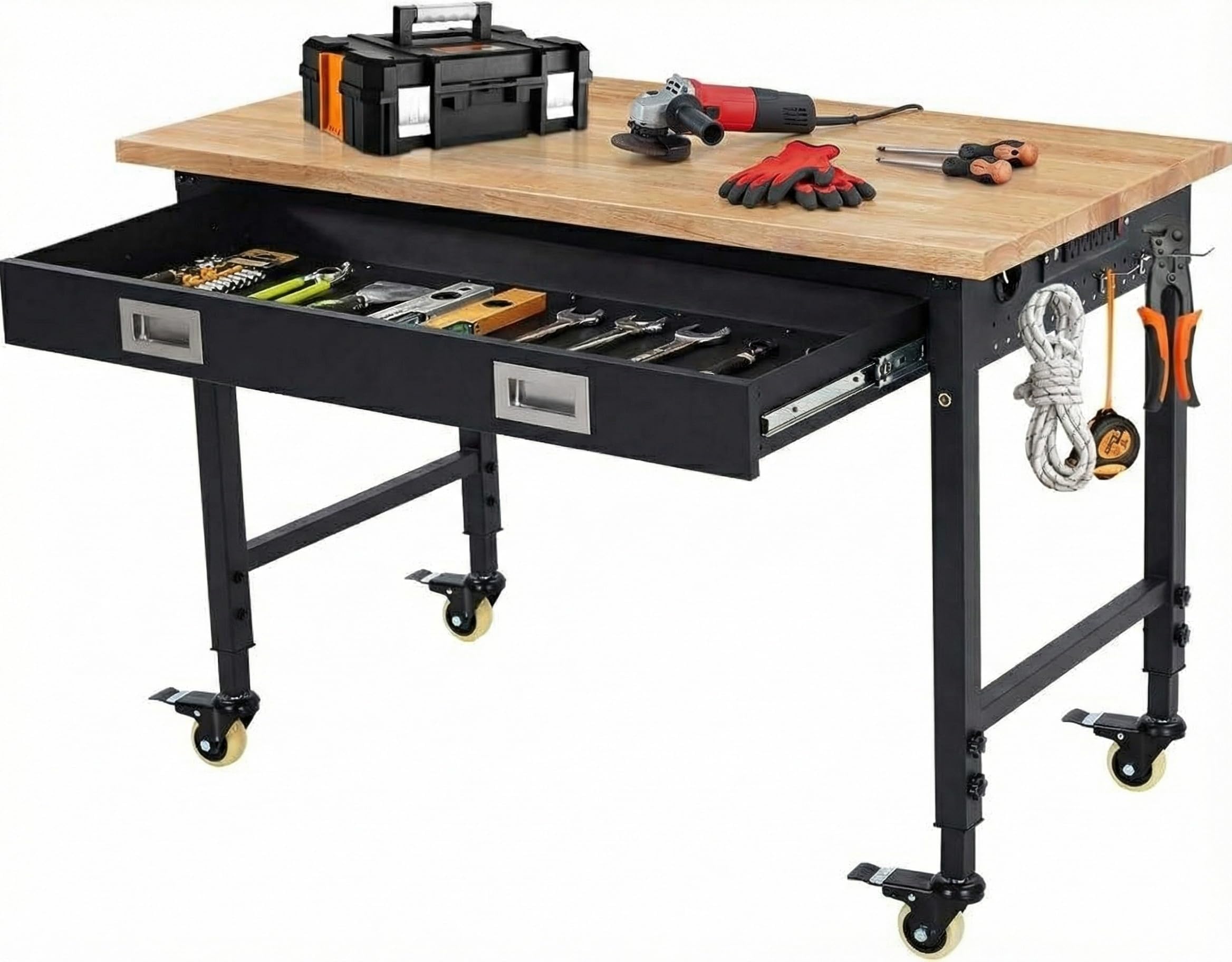 Heavy Duty Rolling Workbench, Height Adjustable 72–97cm – 900kg Load Capacity, Wheels & Steel Frame, with Hooks, Drawer & Power Sockets | Garage, Workshop & Industrial Use Workstation Table