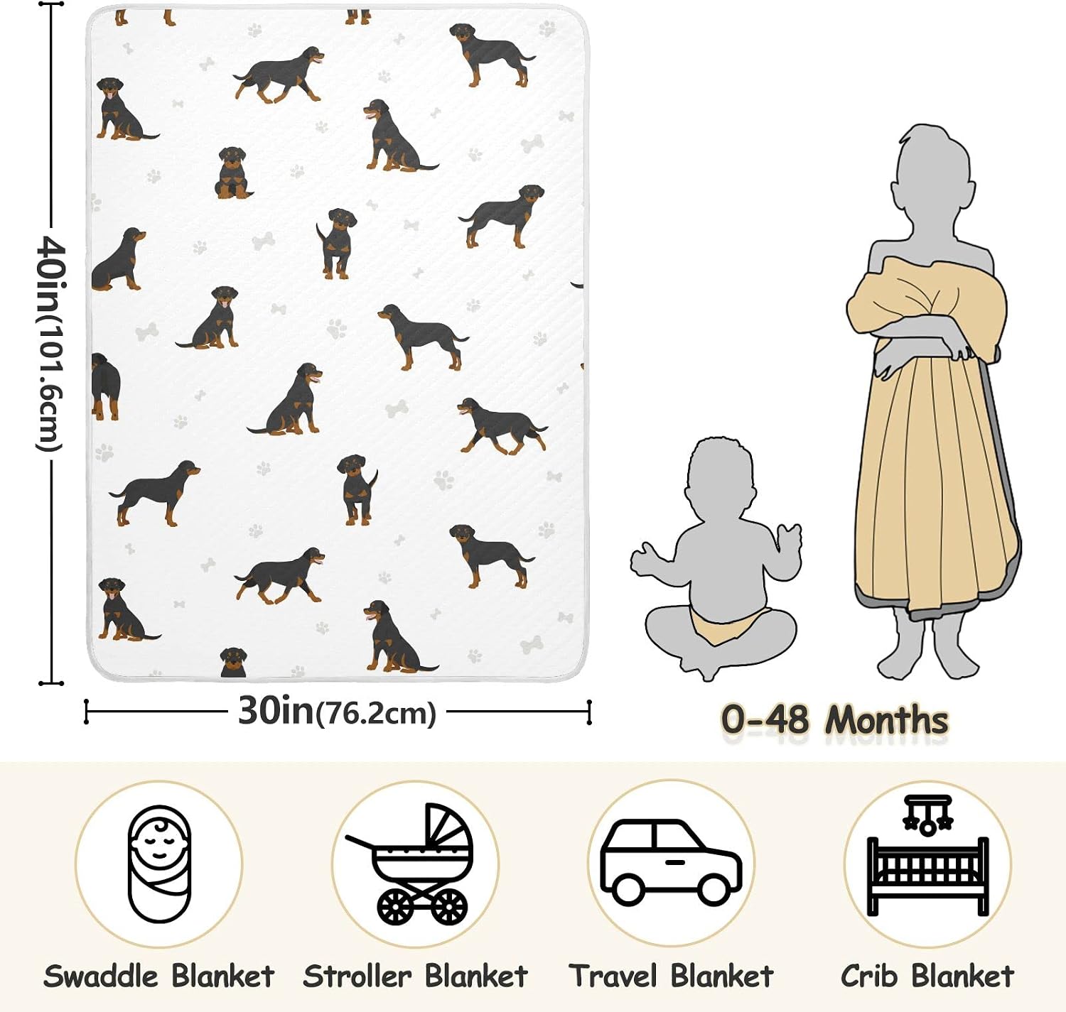 Swaddle Blanket Rottweiler Dog Cotton for Infants, Receiving Lightweight Soft Swaddling for Crib, Stroller, Nursery, 30x40 in