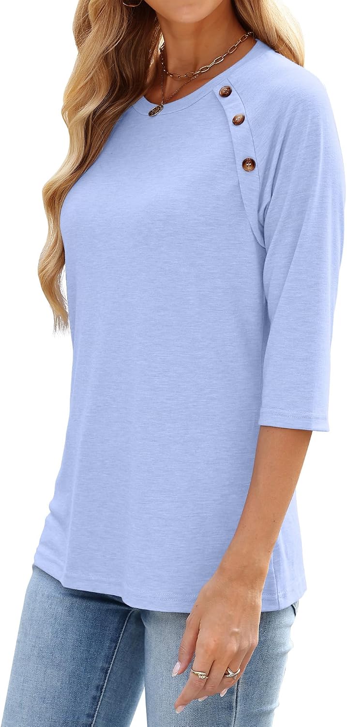 Womens Summer Tops 3/4 Length Sleeve Shirts Fashion 2026 Crew Neck Dressy Casual Blouses