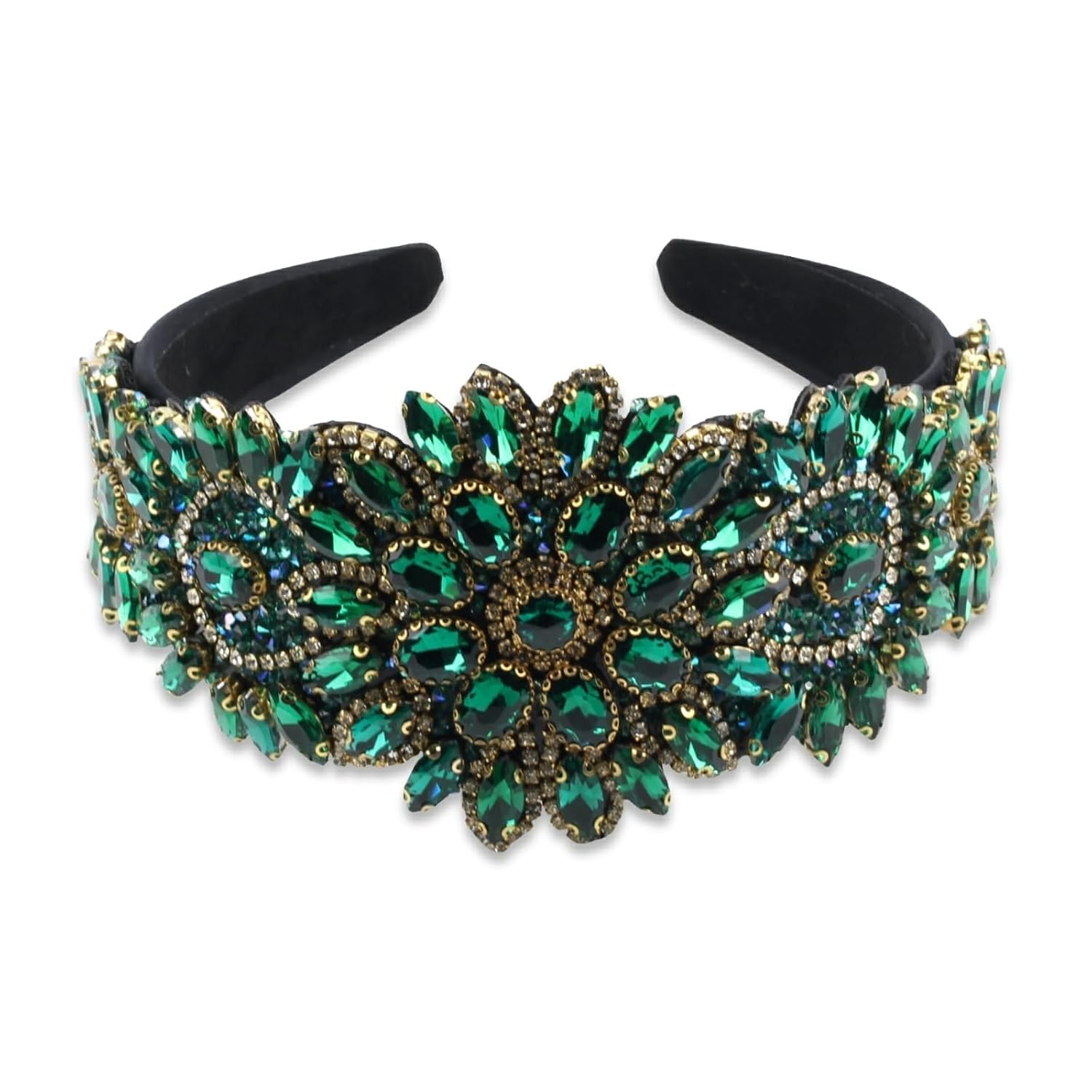 Baroque Crystal Flower Headband for Women Big Wide Chunky Rhinestone Bead Hairband Hairwear Jeweled Head Accessories (H1065-green) - Image 4